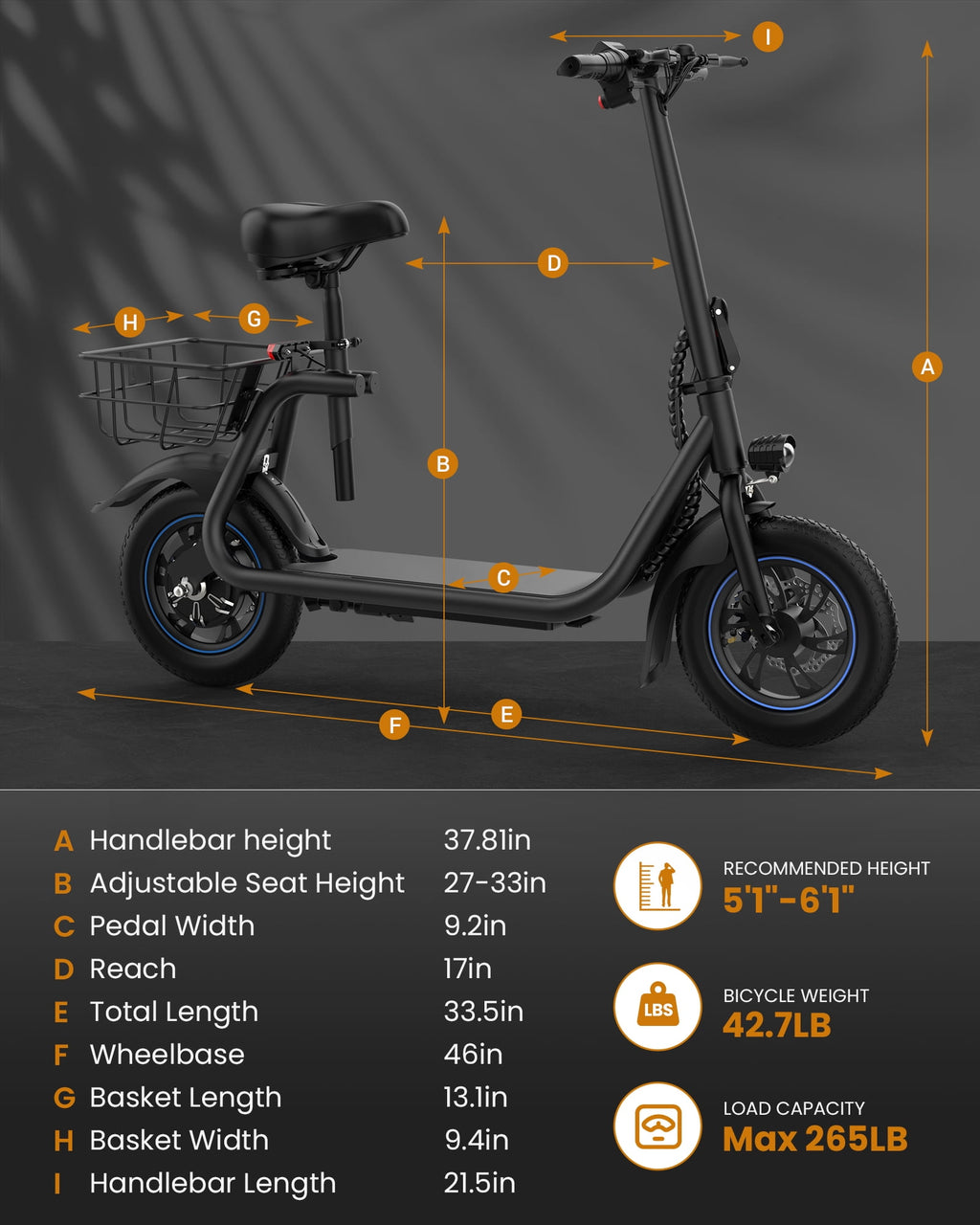 MIHOVER 450W Electric Scooter with Seat, Commuter Electric Scooter for Adult with Basket & Free Phone Holder & Steel Cable Lock & Inner Tube- up to 21 Miles 15.5MPH-Black
