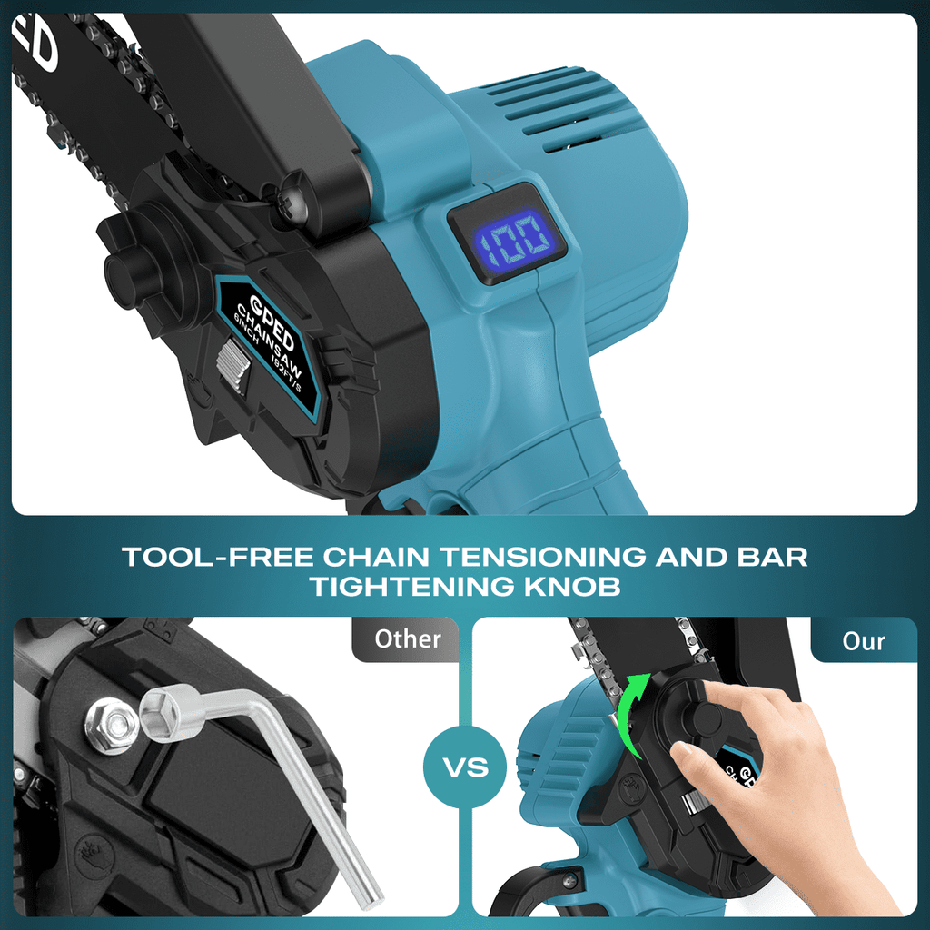 GPED Mini Chainsaw, 6 inch Portable Electric Chainsaw Cordless, Handheld Chain Saw Pruning Shears Chainsaw for Tree Branches, Courtyard, Household and Garden, Blue