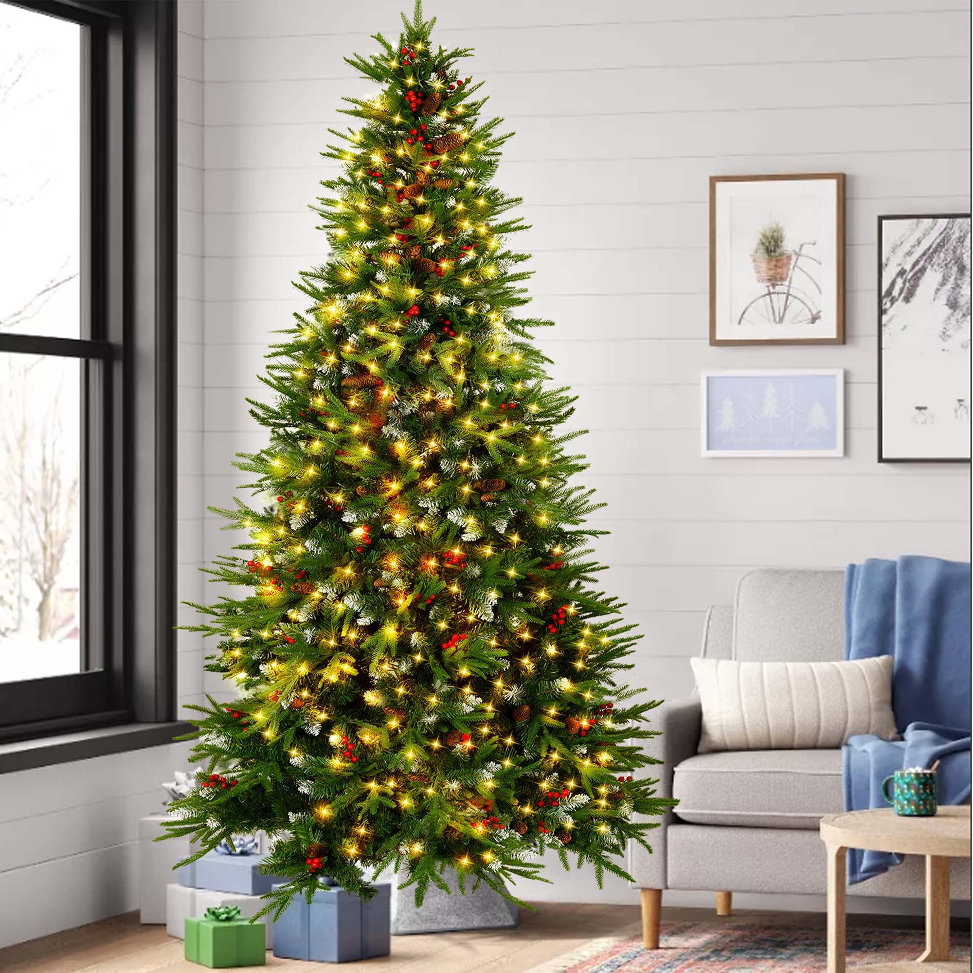Yexmas 7.5ft Pre-Lit Artificial Christmas Trees,Green Xmas Tree with Large Christmas Tree Storage Bag,Pinecones, Berries, Realistic Artificial Christmas Trees for Home, Office, Party Decoration