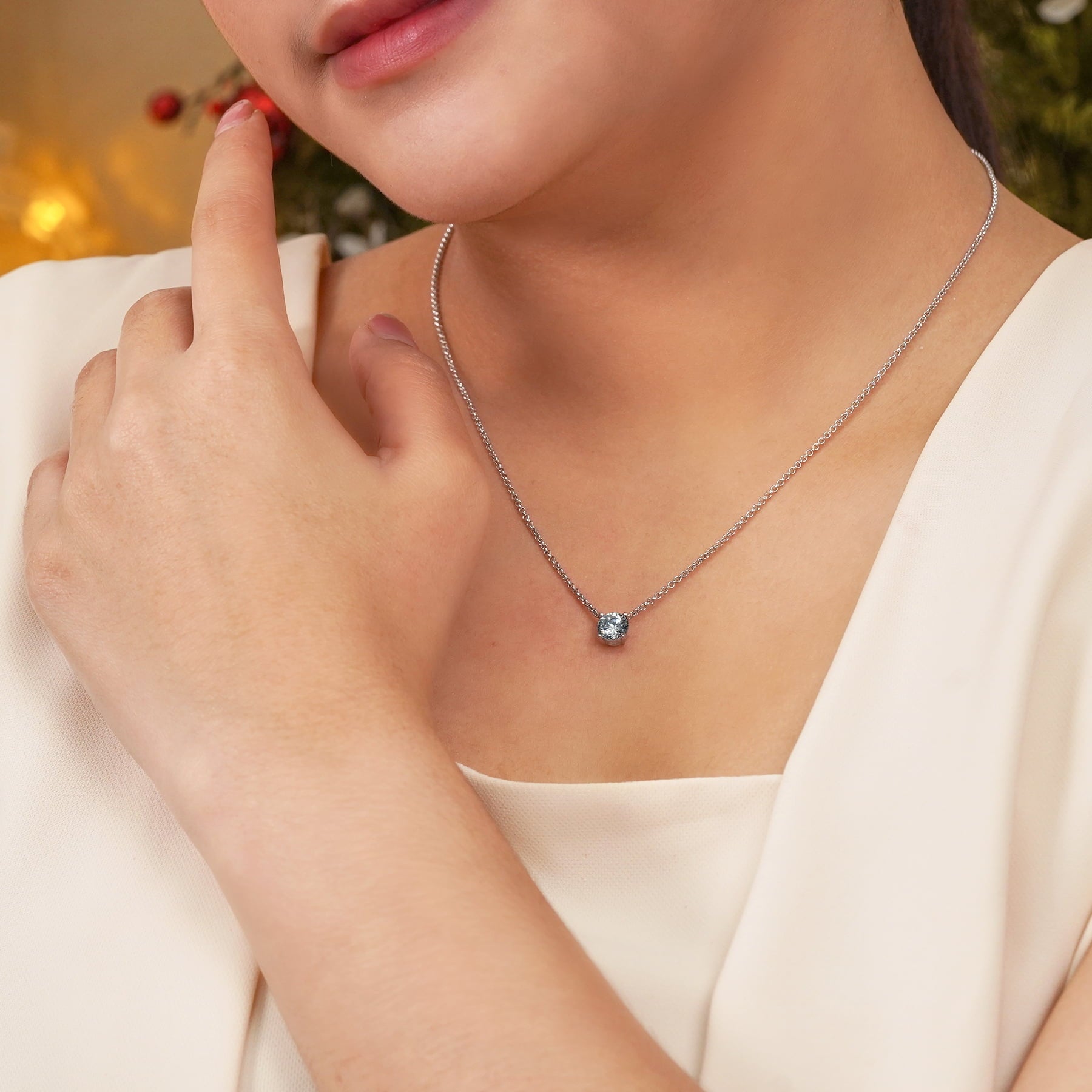 JeenMata 1 Carat Moissanite - April Birthstone Solitaire Pendant Necklace in 18K White Gold over Silver, Female, Adult