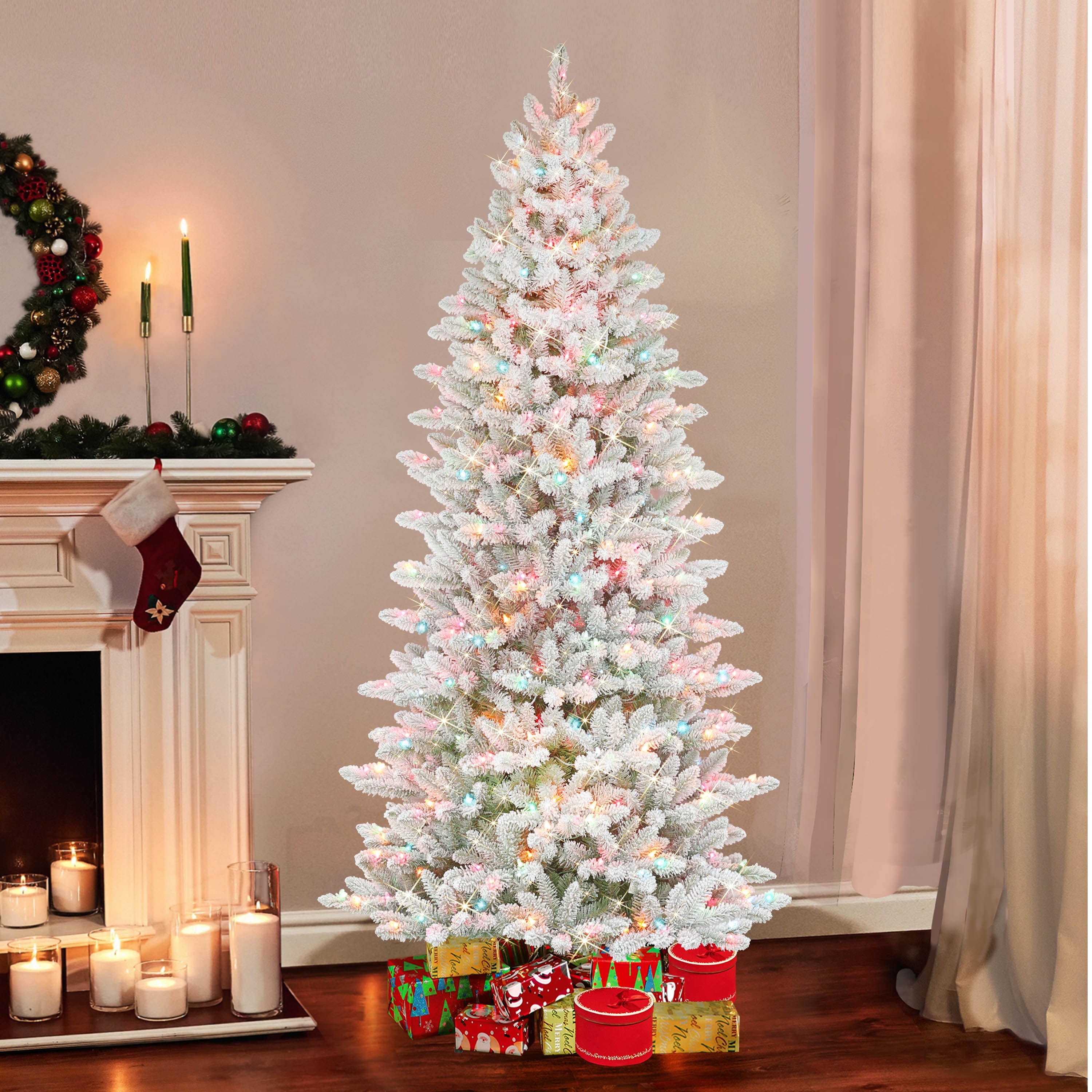 Puleo International 7.5' Pre-Lit Slim Flocked Fraser Fir Artifical Christmas Tree with 500 UL-Listed Multi-Color Incandescent Lights
