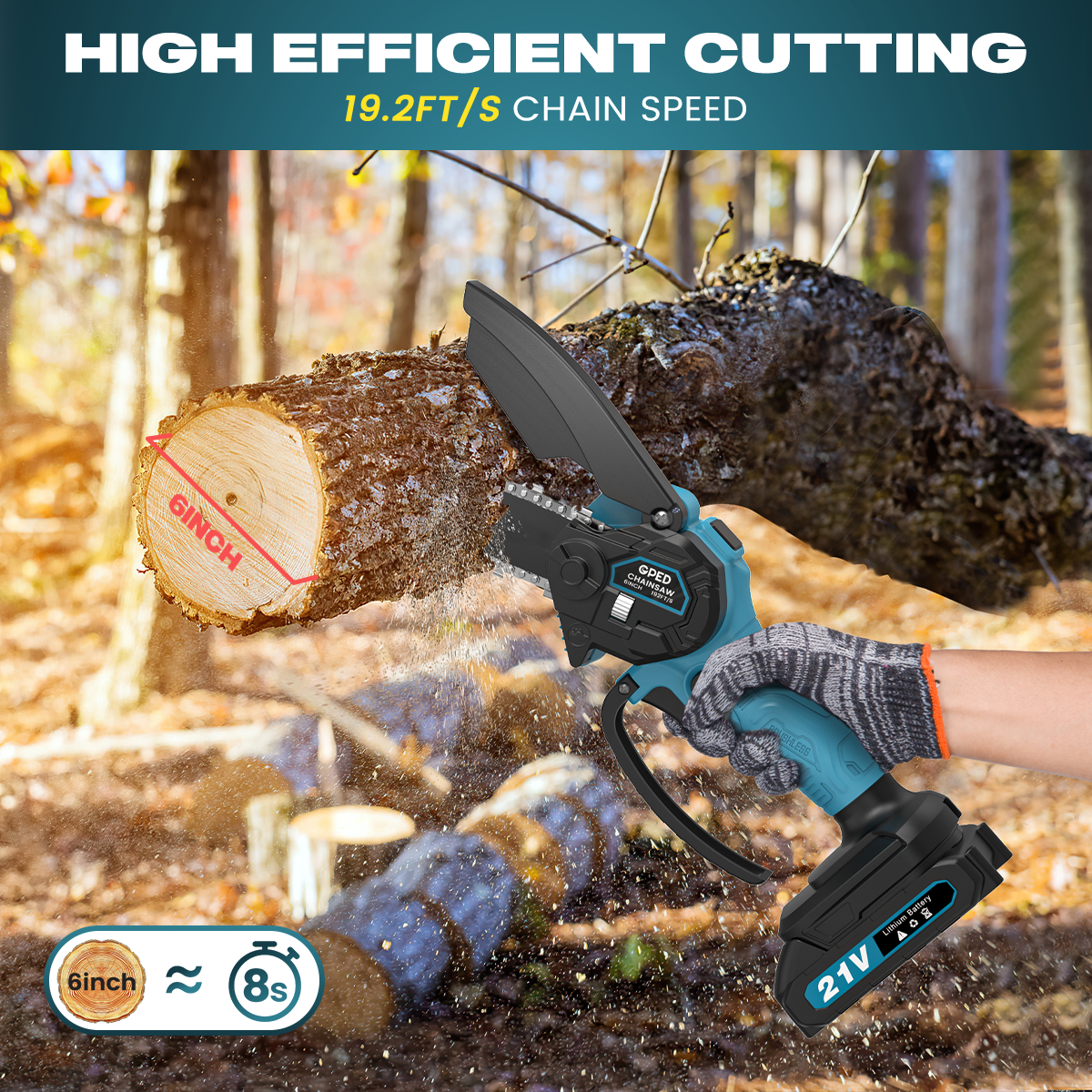GPED Mini Chainsaw, 6 inch Portable Electric Chainsaw Cordless, Handheld Chain Saw Pruning Shears Chainsaw for Tree Branches, Courtyard, Household and Garden, Blue