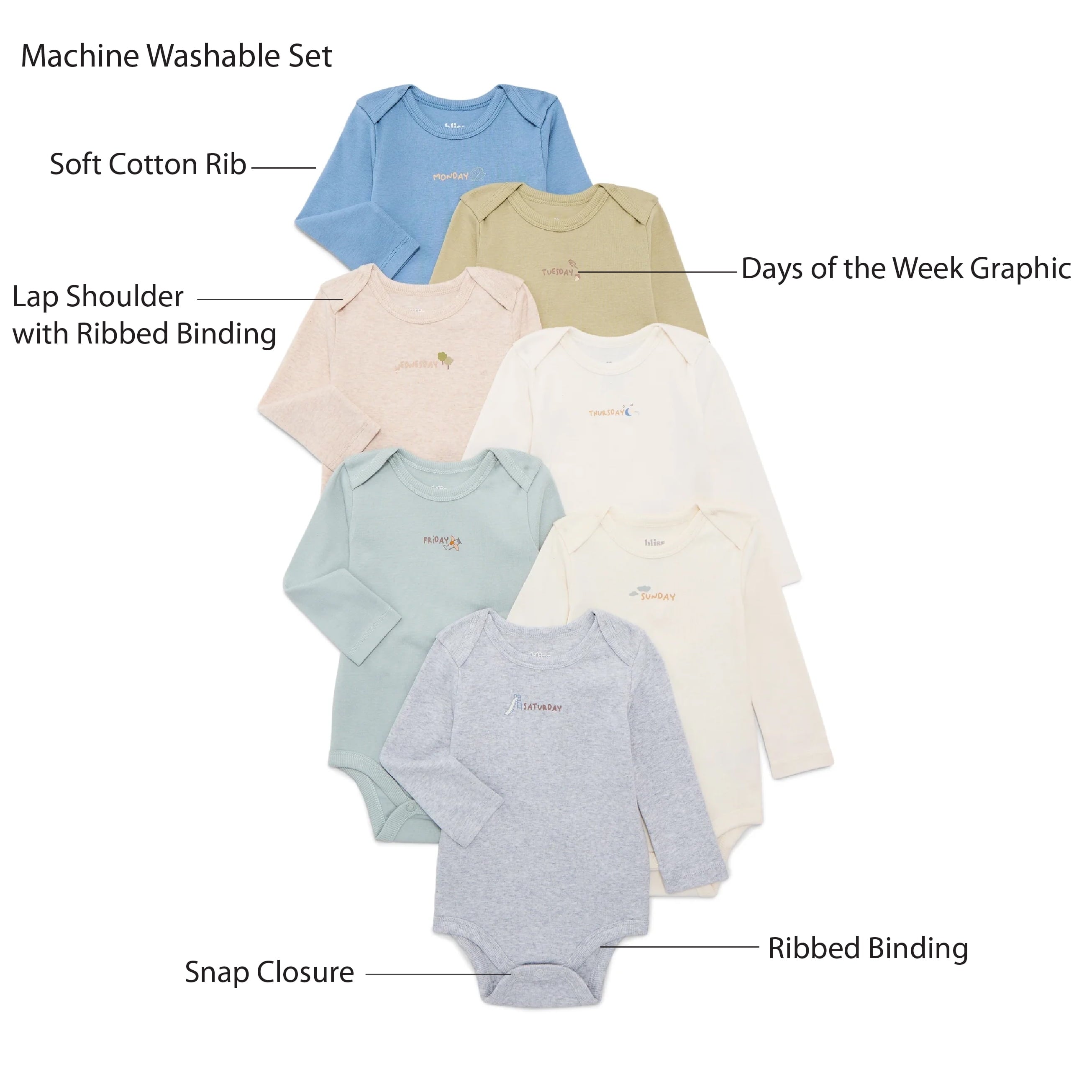 Bliss by Garanimals Baby Boys or Girls Cotton Days of the Week Bodysuits Set, 7-Piece, Sizes 0M-18M