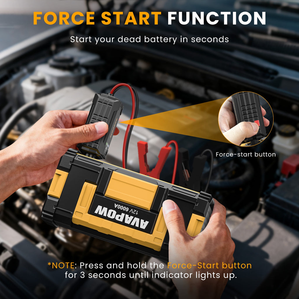 AVAPOW 6000A Car Battery Jump Starter, Portable Car Jump Starter with Dual USB Quick Charge and DC Output, 12V Jump Pack with Built-in LED Bright Light, Yellow