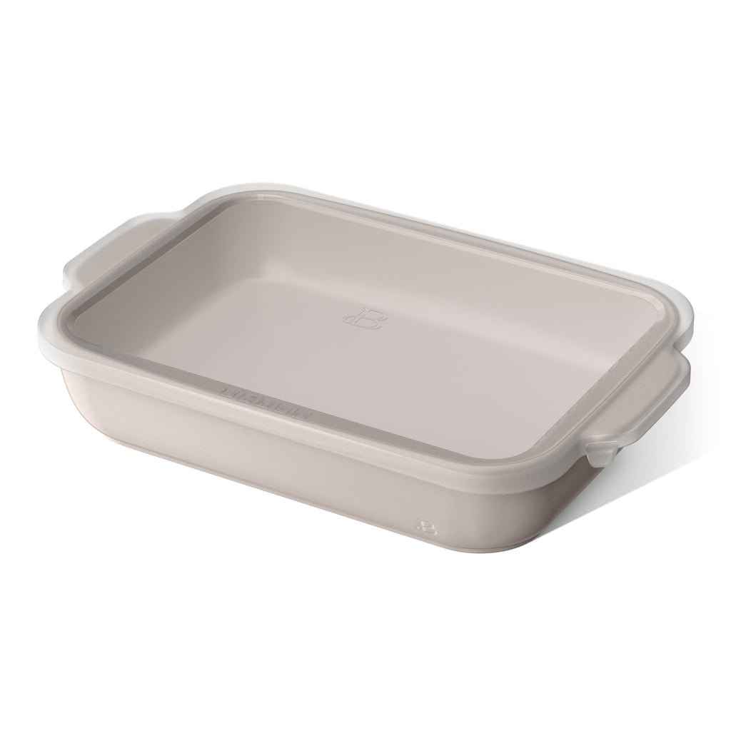 Beautiful 9”x 13” Stoneware Baker with Plastic Lid, Porcini Taupe by Drew Barrymore