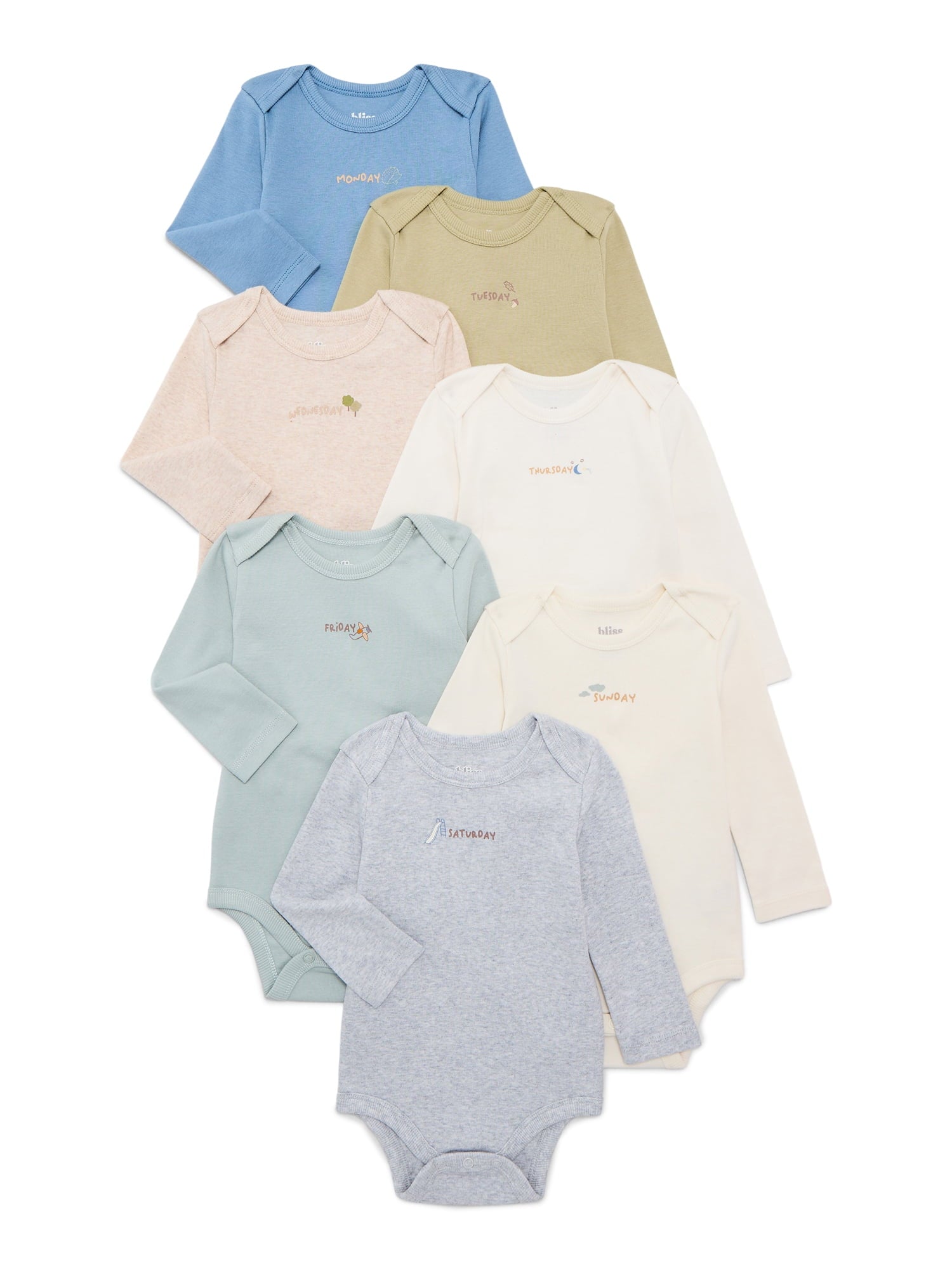 Bliss by Garanimals Baby Boys or Girls Cotton Days of the Week Bodysuits Set, 7-Piece, Sizes 0M-18M