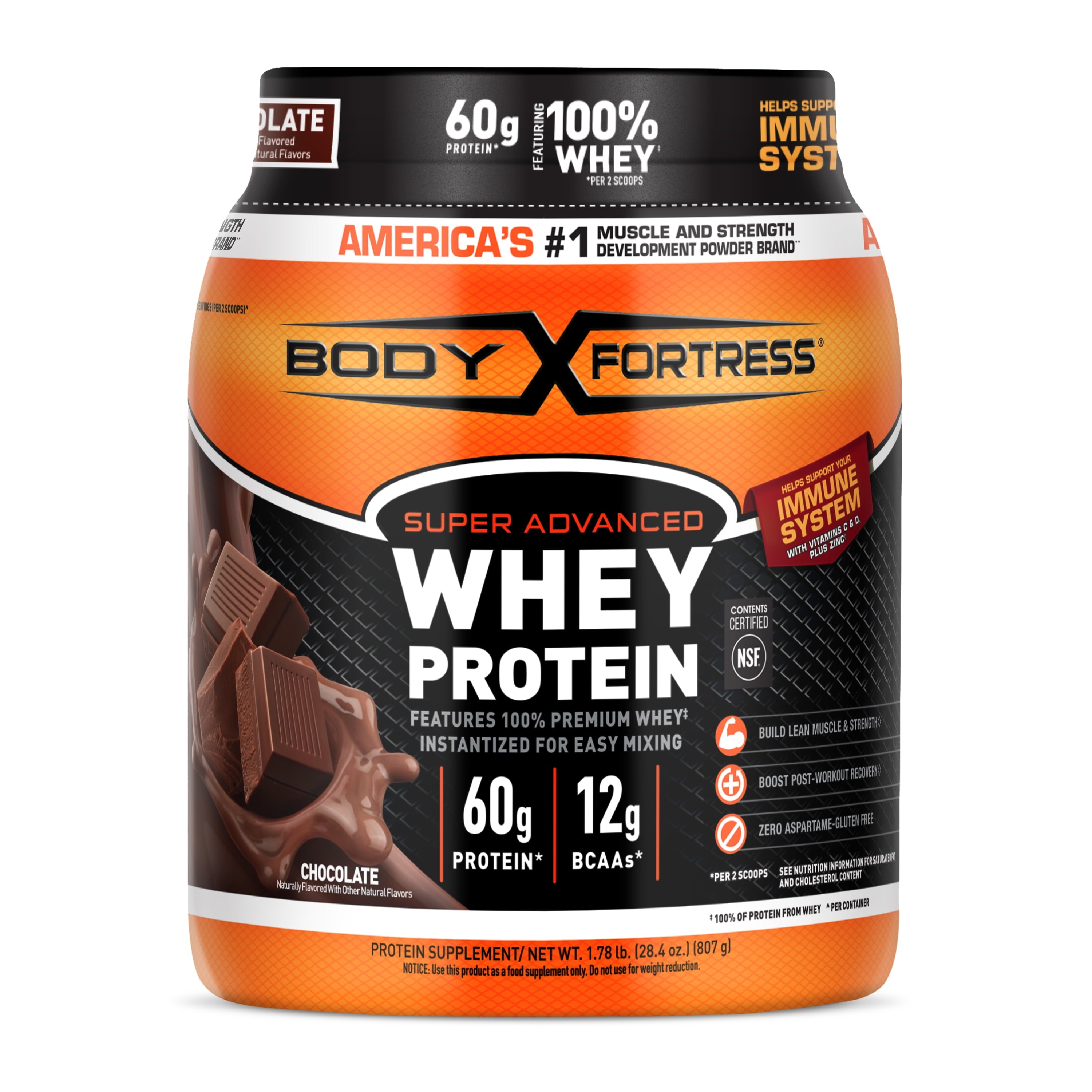 Body Fortress Super Advanced Whey Protein Powder, Chocolate, Immune Support , Vitamins C & D plus Zinc, 1.78 lbs