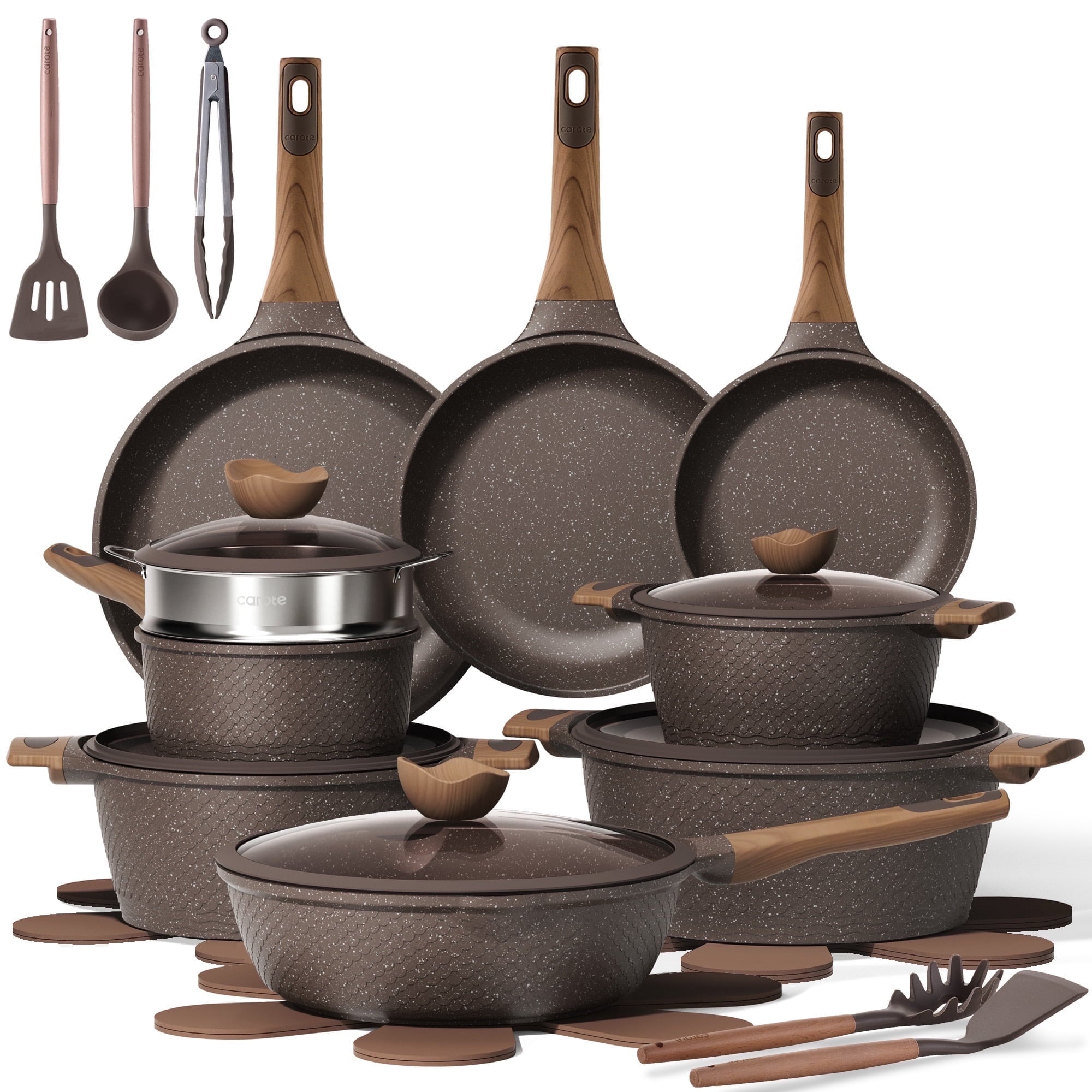 Carote Nonstick Granite Cookware Sets, 8Pcs Brown Pots and Pans, Induction Kitchen Cooking Set