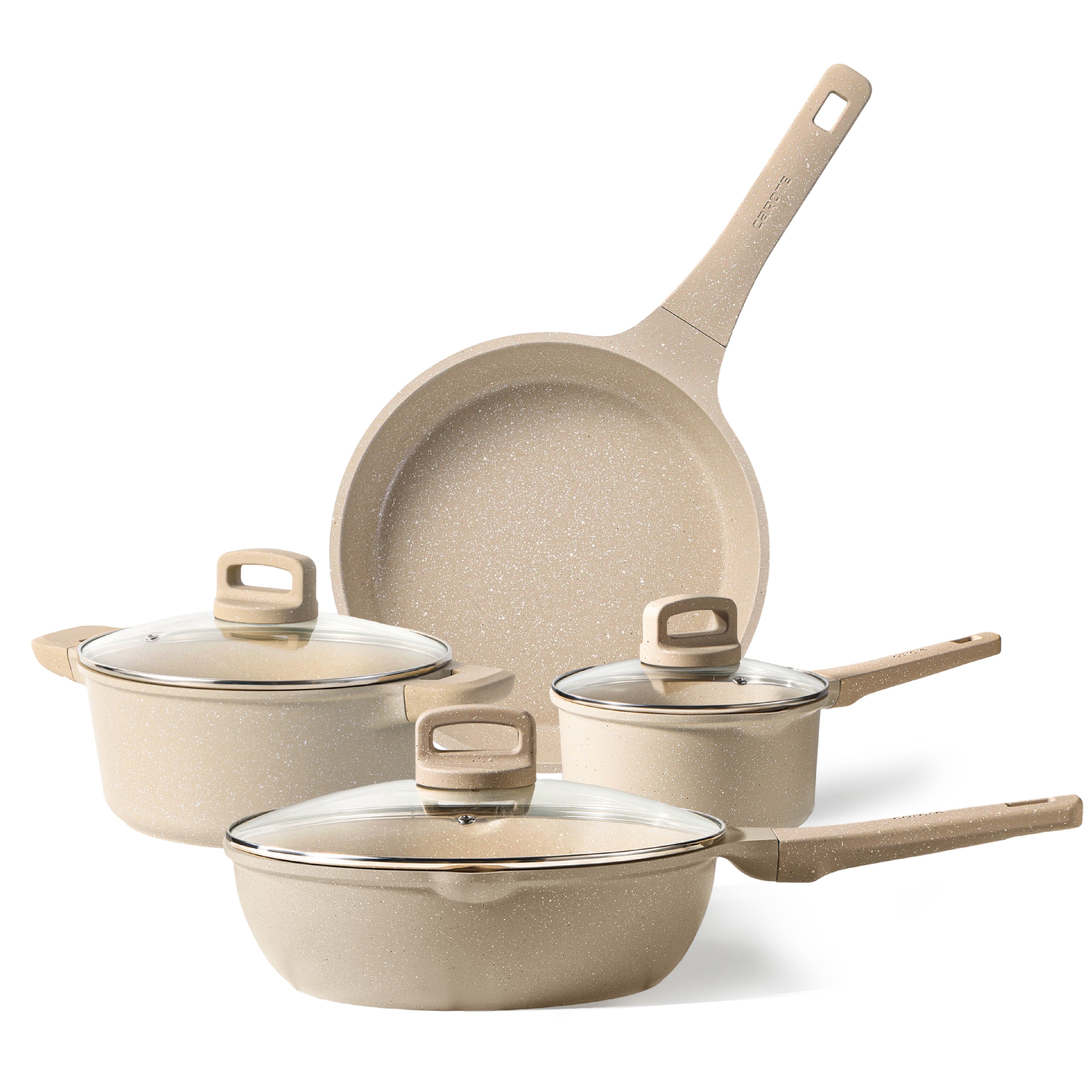 Carote Nonstick Cookware Set 7-Piece,Kitchen Pots and Pans Set,Stay-Cool Handles,Induction Compatible,Cookware Set for RV and Camping,Taupe