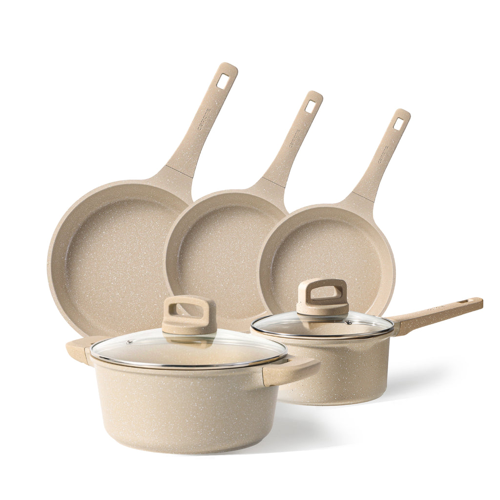 Carote Nonstick Cookware Set 7-Piece,Kitchen Pots and Pans Set,Stay-Cool Handles,Induction Compatible,Cookware Set for RV and Camping,Taupe