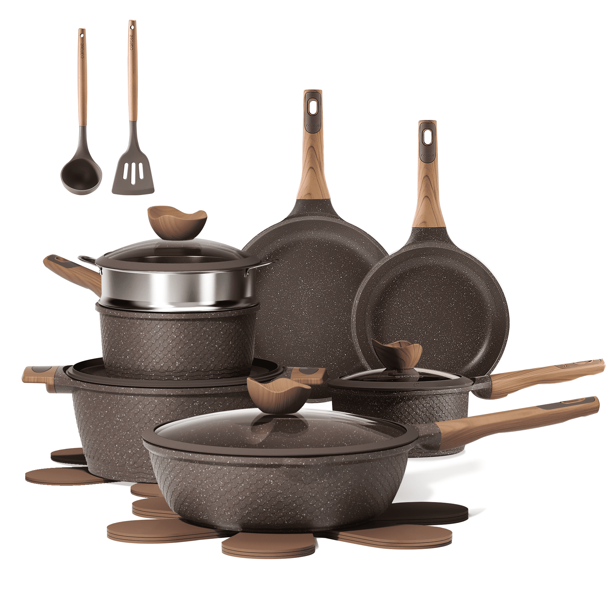 Carote Nonstick Granite Cookware Sets, 8Pcs Brown Pots and Pans, Induction Kitchen Cooking Set
