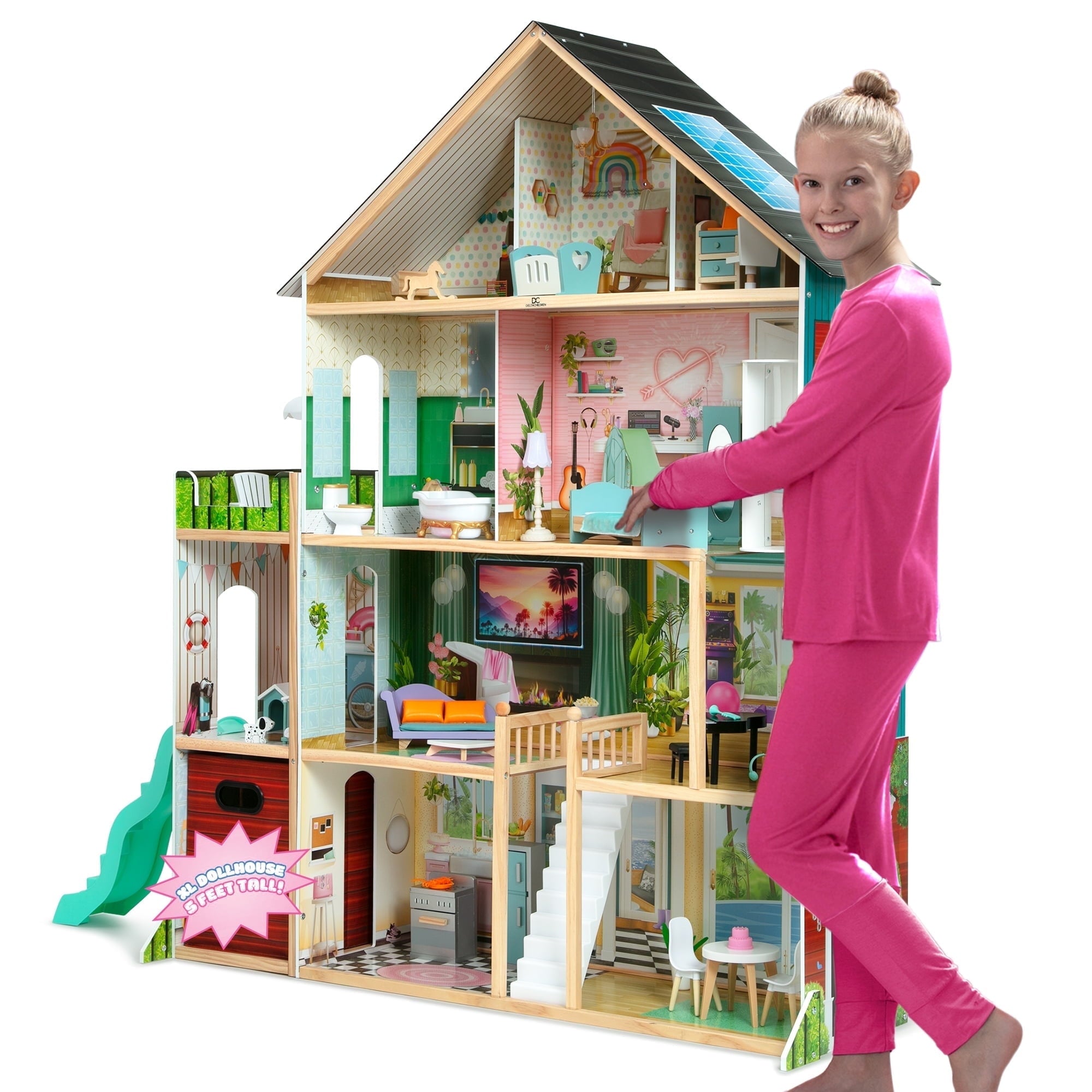 Delta Children Deluxe Maui Dollhouse with 50 Accessories - Large Wooden 4-Story Dollhouse with 12 Rooms - Working Elevator, Slide, Lights/Sounds - Fits 12-inch Dolls - Pretend Play Gift for Ages 3+
