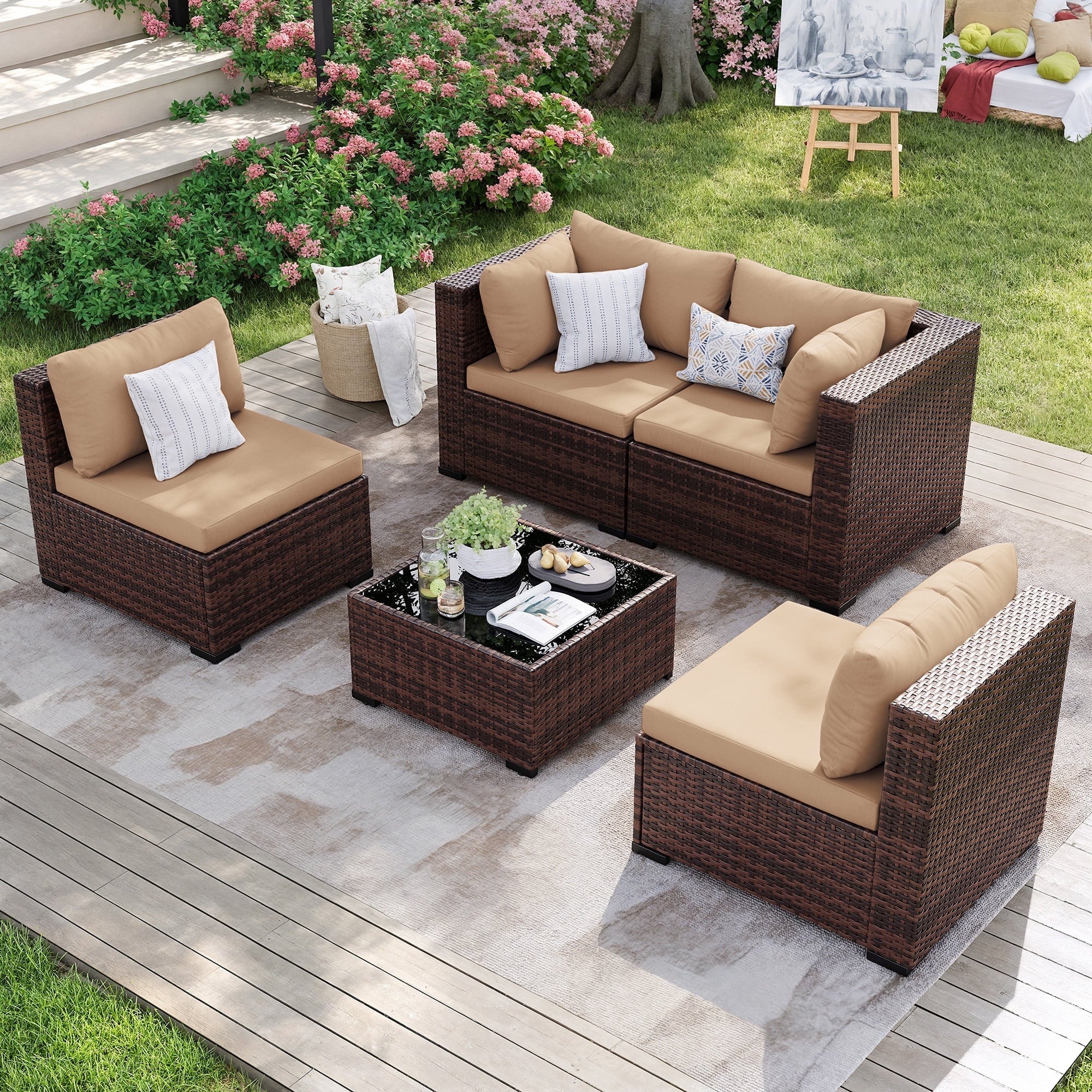 7 Pieces Patio Conversation Set, Outdoor Sectional PE Rattan Wicker Furniture Seat,Dark Gray