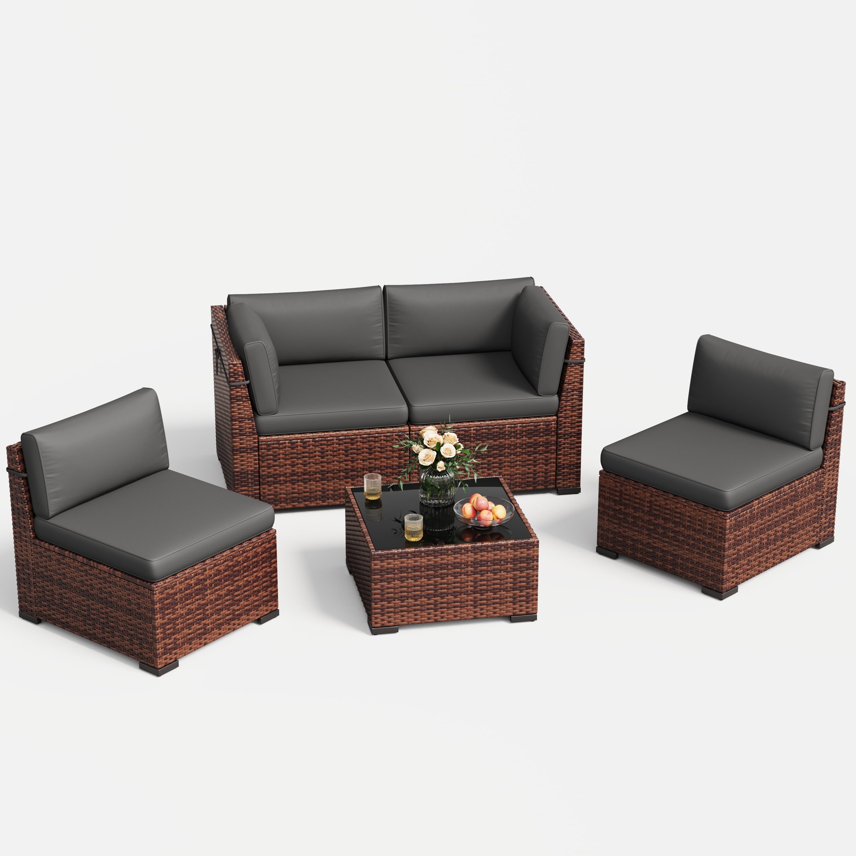 7 Pieces Patio Conversation Set, Outdoor Sectional PE Rattan Wicker Furniture Seat,Dark Gray