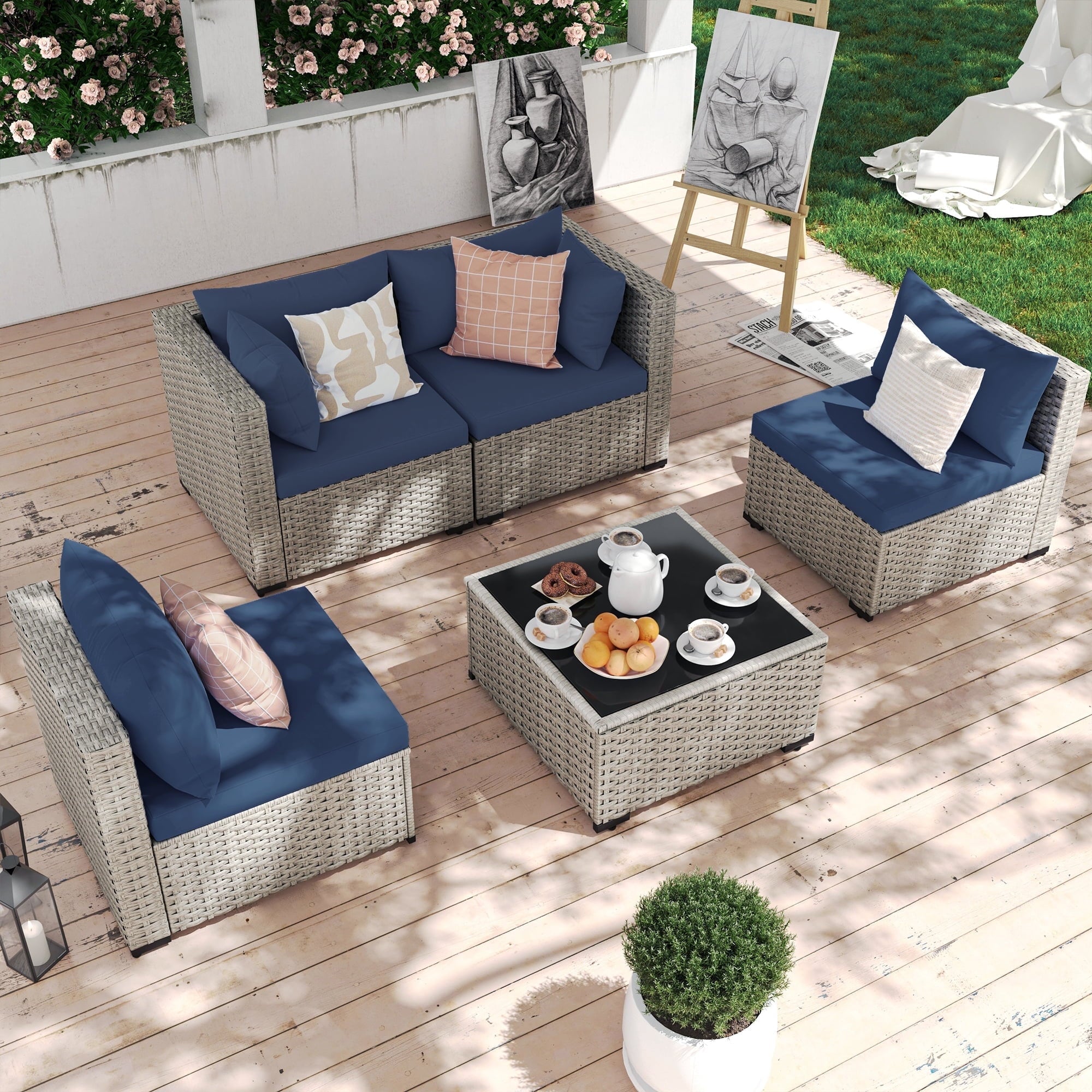 7 Pieces Patio Conversation Set, Outdoor Sectional PE Rattan Wicker Furniture Seat,Dark Gray