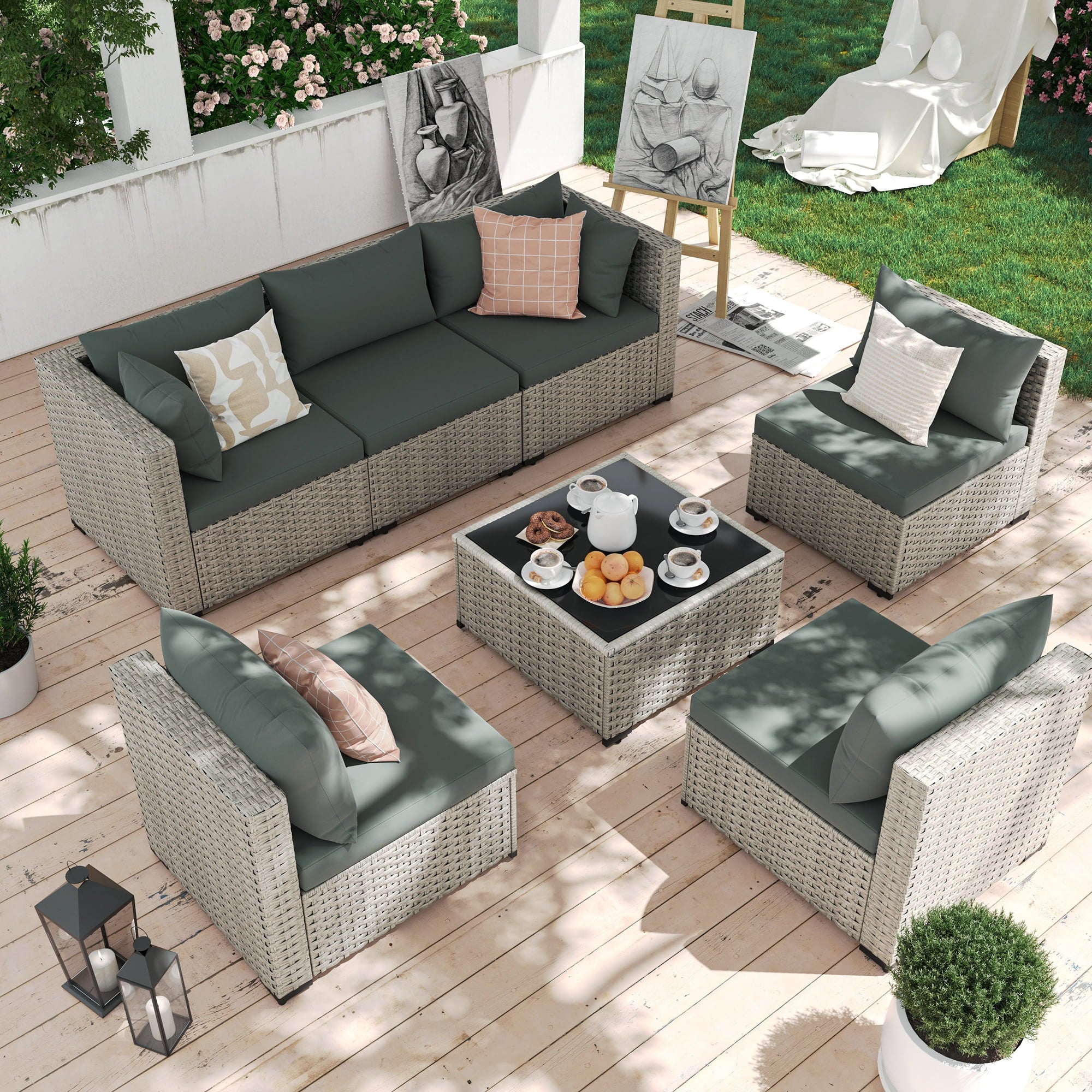 7 Pieces Patio Conversation Set, Outdoor Sectional PE Rattan Wicker Furniture Seat,Dark Gray