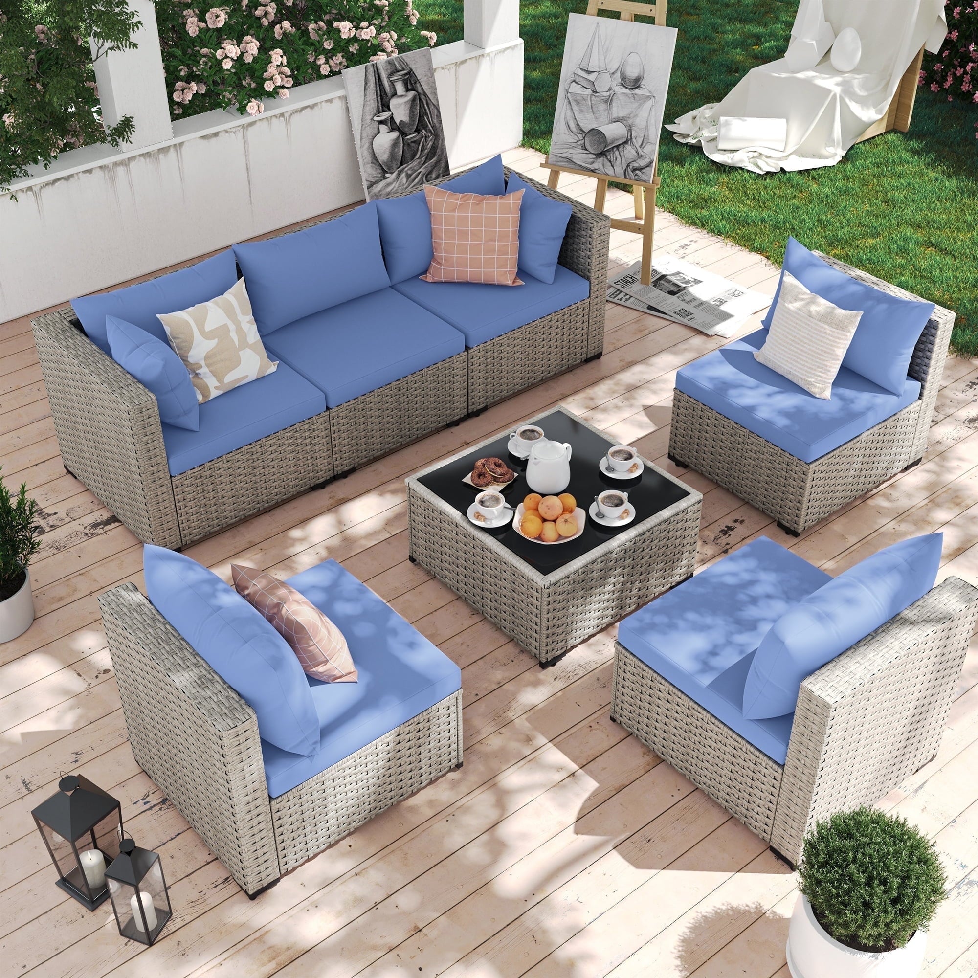 7 Pieces Patio Conversation Set, Outdoor Sectional PE Rattan Wicker Furniture Seat,Dark Gray
