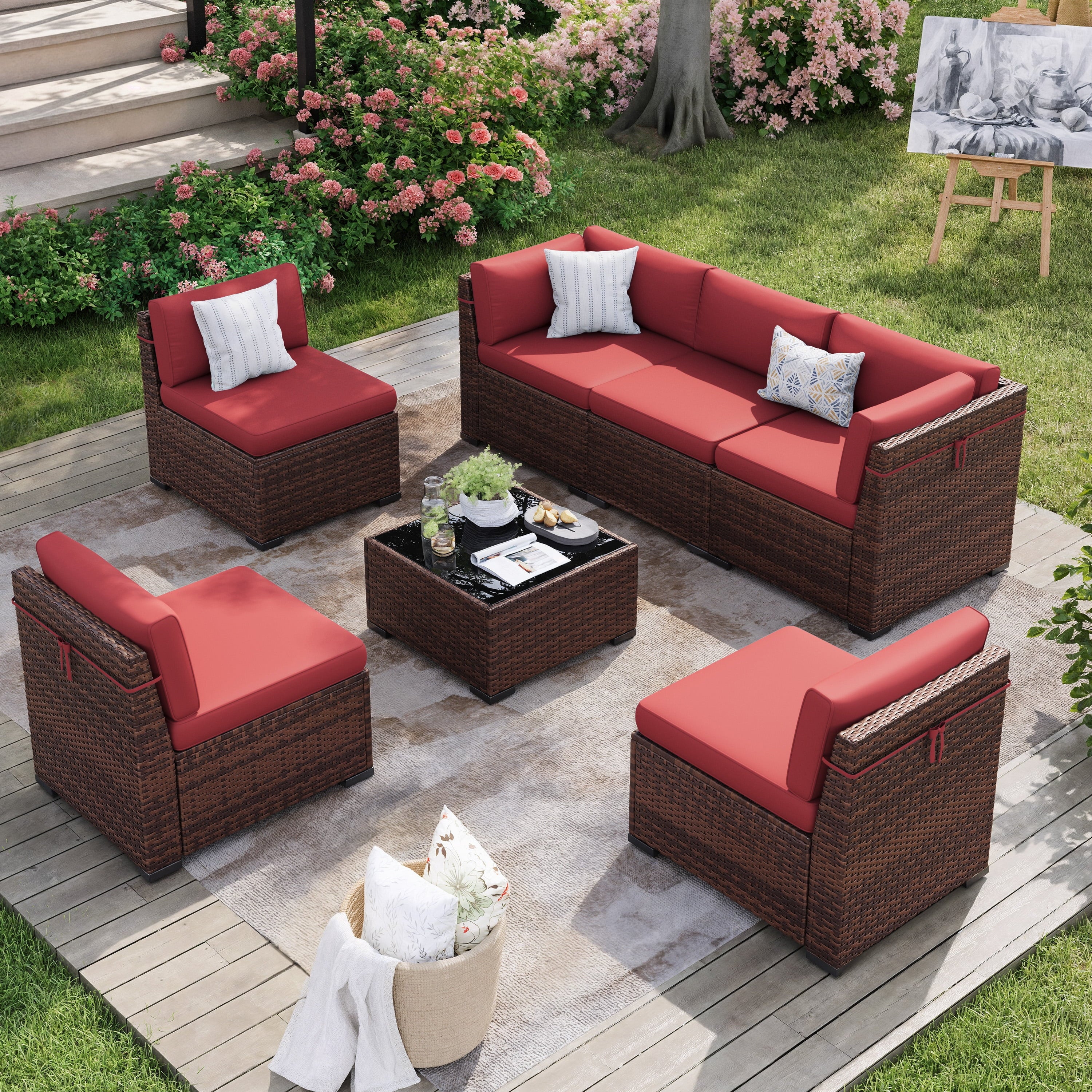7 Pieces Patio Conversation Set, Outdoor Sectional PE Rattan Wicker Furniture Seat,Dark Gray