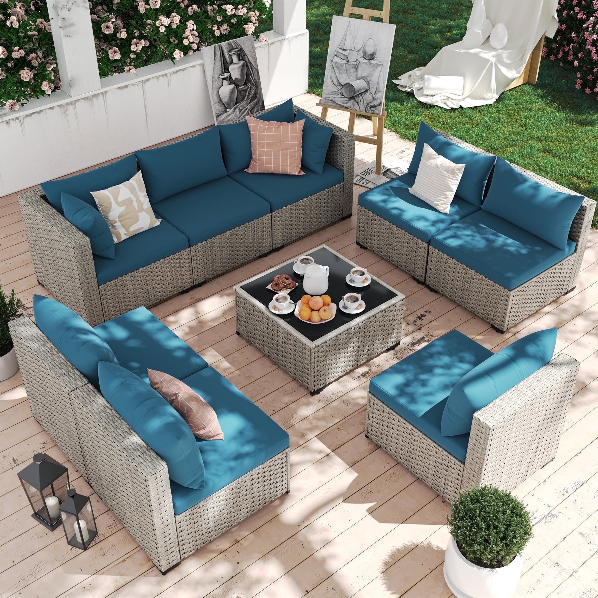 7 Pieces Patio Conversation Set, Outdoor Sectional PE Rattan Wicker Furniture Seat,Dark Gray