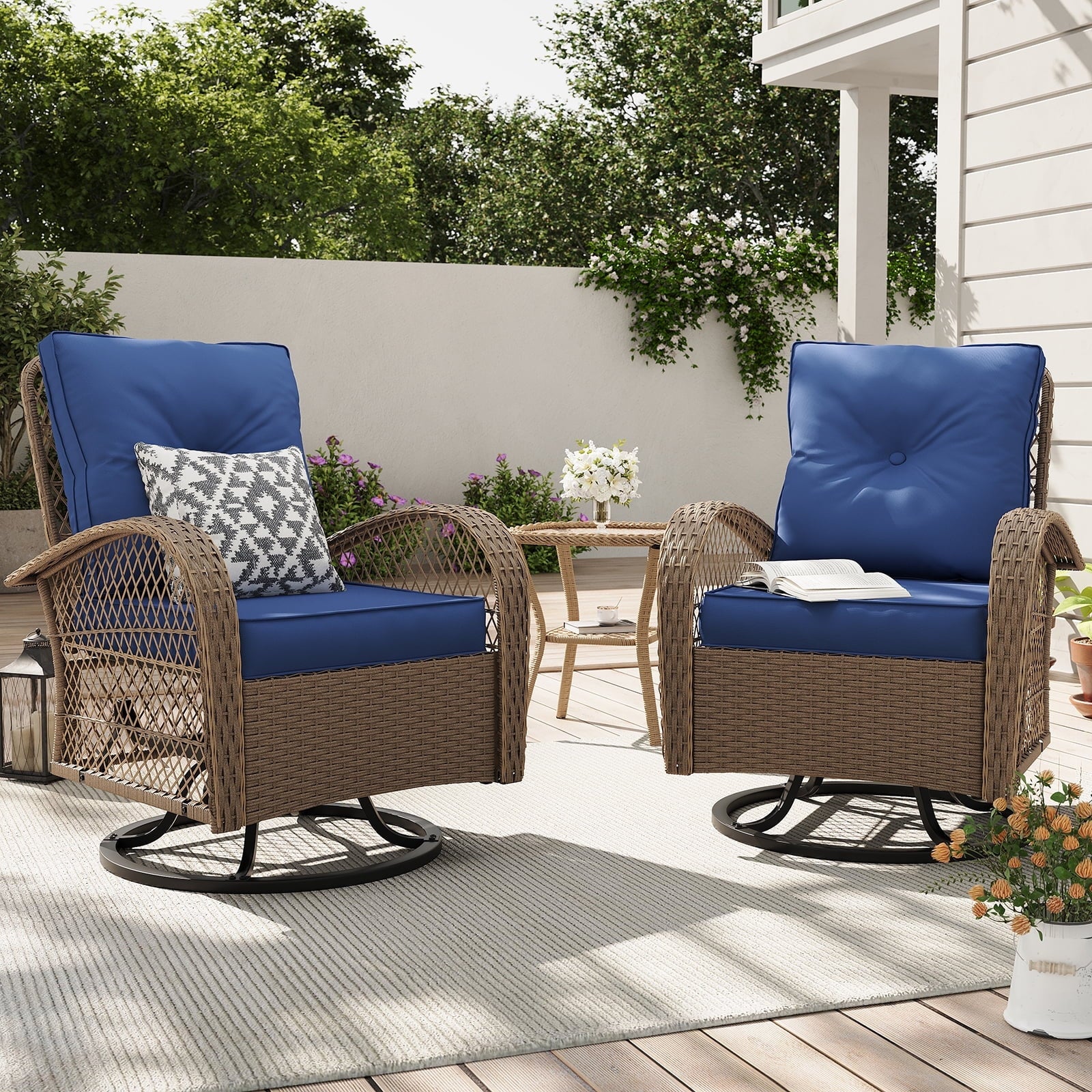ELPOSUN 3 Pieces Patio Furniture Set, Outdoor Swivel Gliders Rocker, Wicker Patio Bistro Set with Rattan Rocking Chair, Glass Top Side Table and Thickened Cushions for Porch Deck Backyard