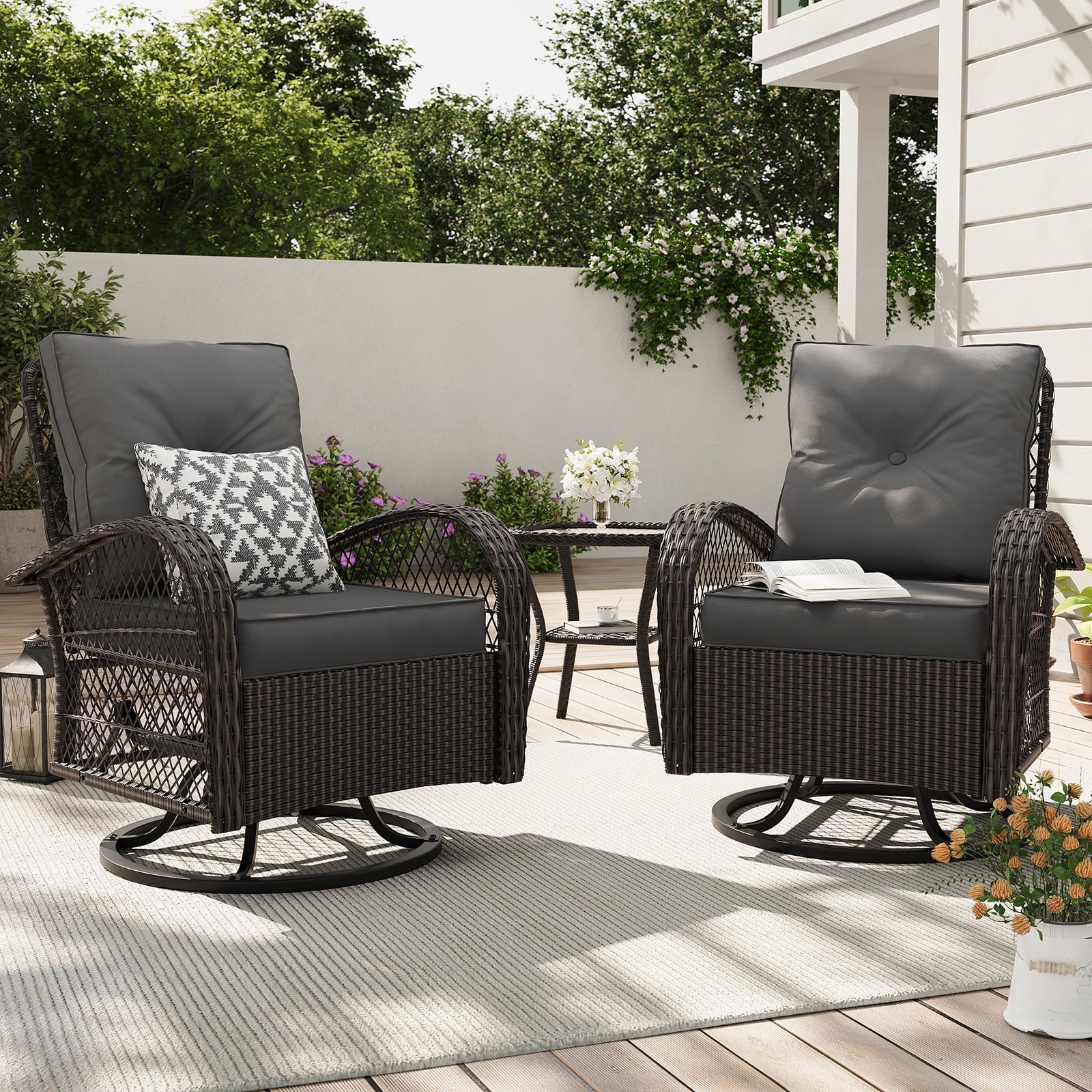 ELPOSUN 3 Pieces Patio Furniture Set, Outdoor Swivel Gliders Rocker, Wicker Patio Bistro Set with Rattan Rocking Chair, Glass Top Side Table and Thickened Cushions for Porch Deck Backyard