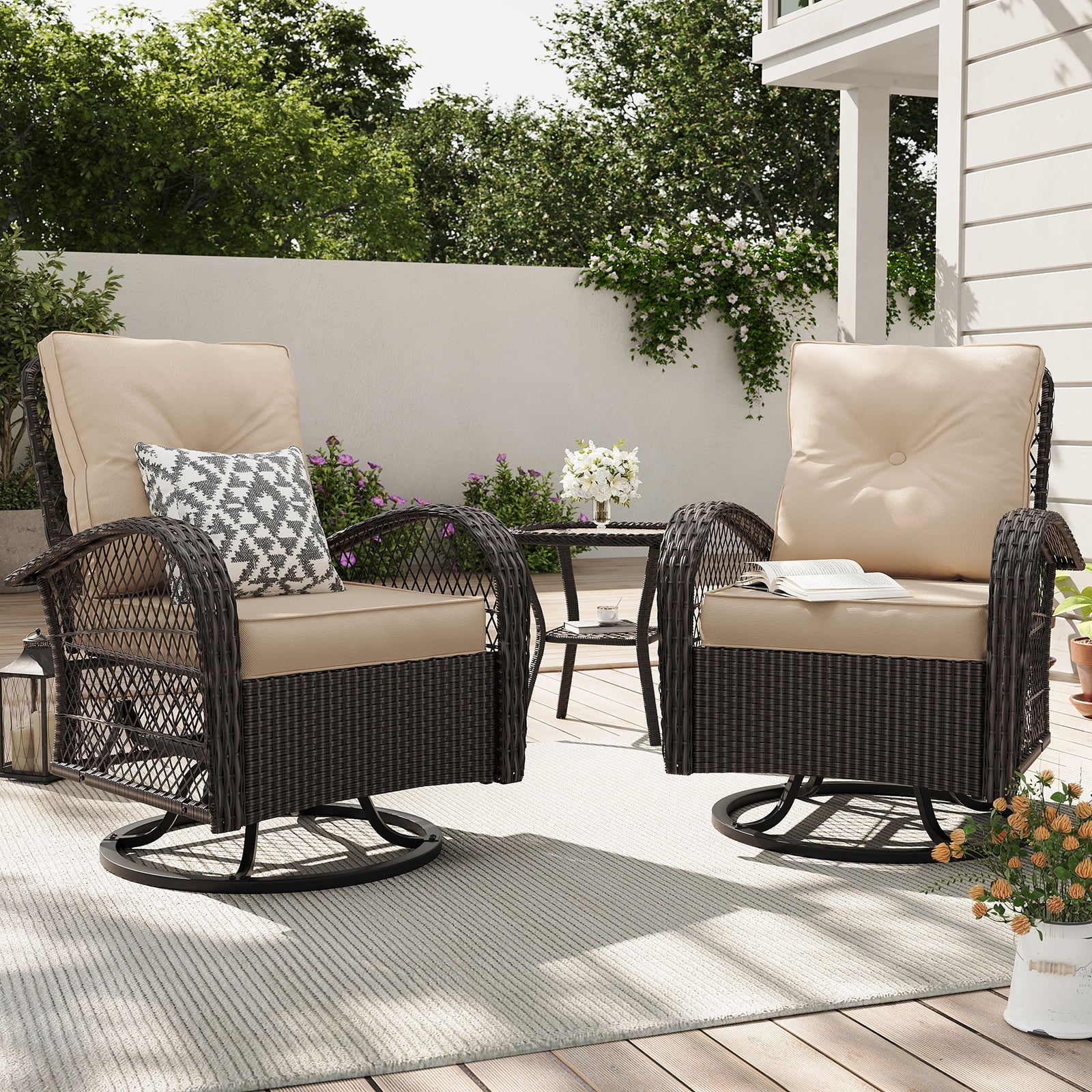 ELPOSUN 3 Pieces Patio Furniture Set, Outdoor Swivel Gliders Rocker, Wicker Patio Bistro Set with Rattan Rocking Chair, Glass Top Side Table and Thickened Cushions for Porch Deck Backyard