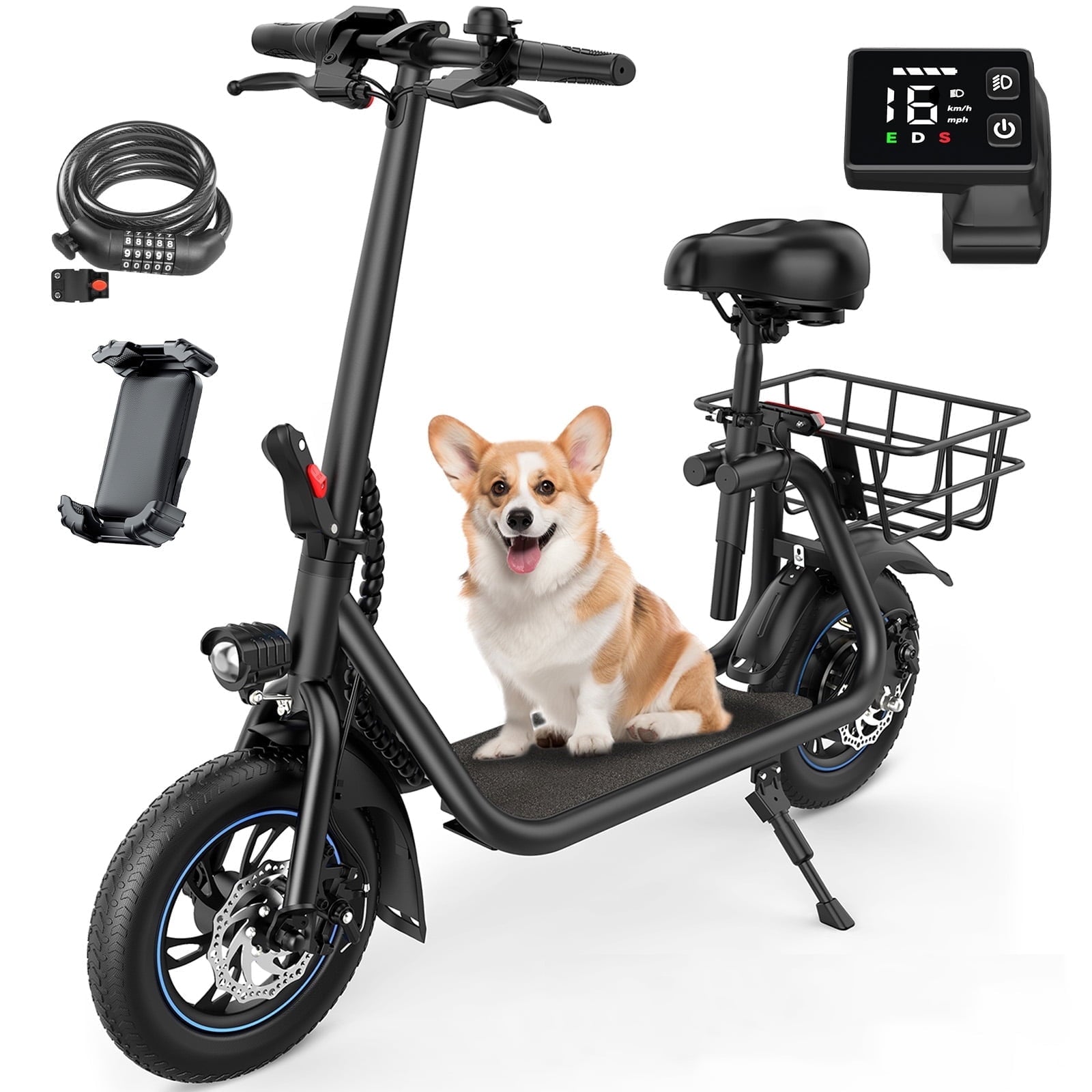 MIHOVER 450W Electric Scooter with Seat, Commuter Electric Scooter for Adult with Basket & Free Phone Holder & Steel Cable Lock & Inner Tube- up to 21 Miles 15.5MPH-Black
