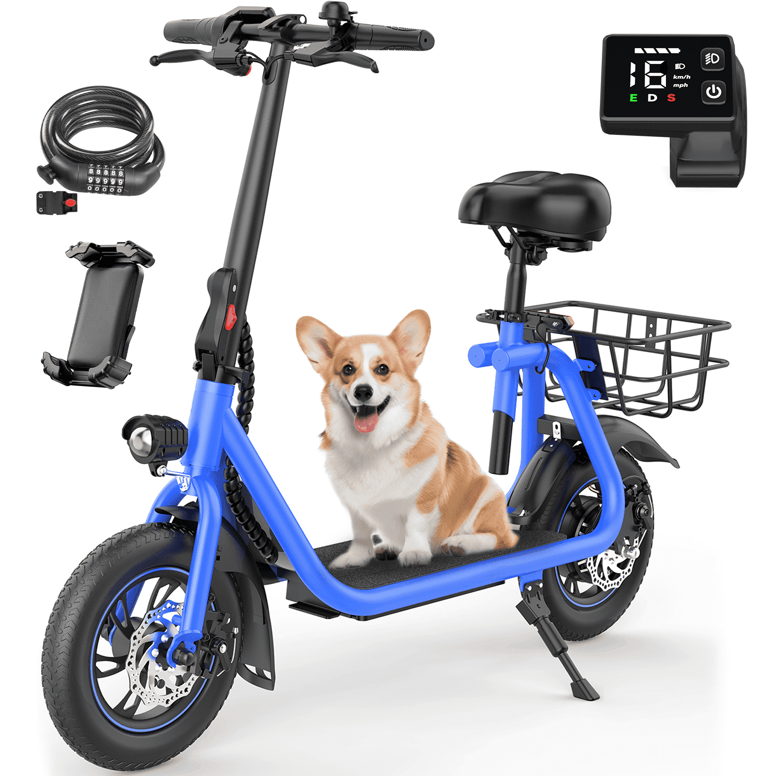 MIHOVER 450W Electric Scooter with Seat, Commuter Electric Scooter for Adult with Basket & Free Phone Holder & Steel Cable Lock & Inner Tube- up to 21 Miles 15.5MPH-Black