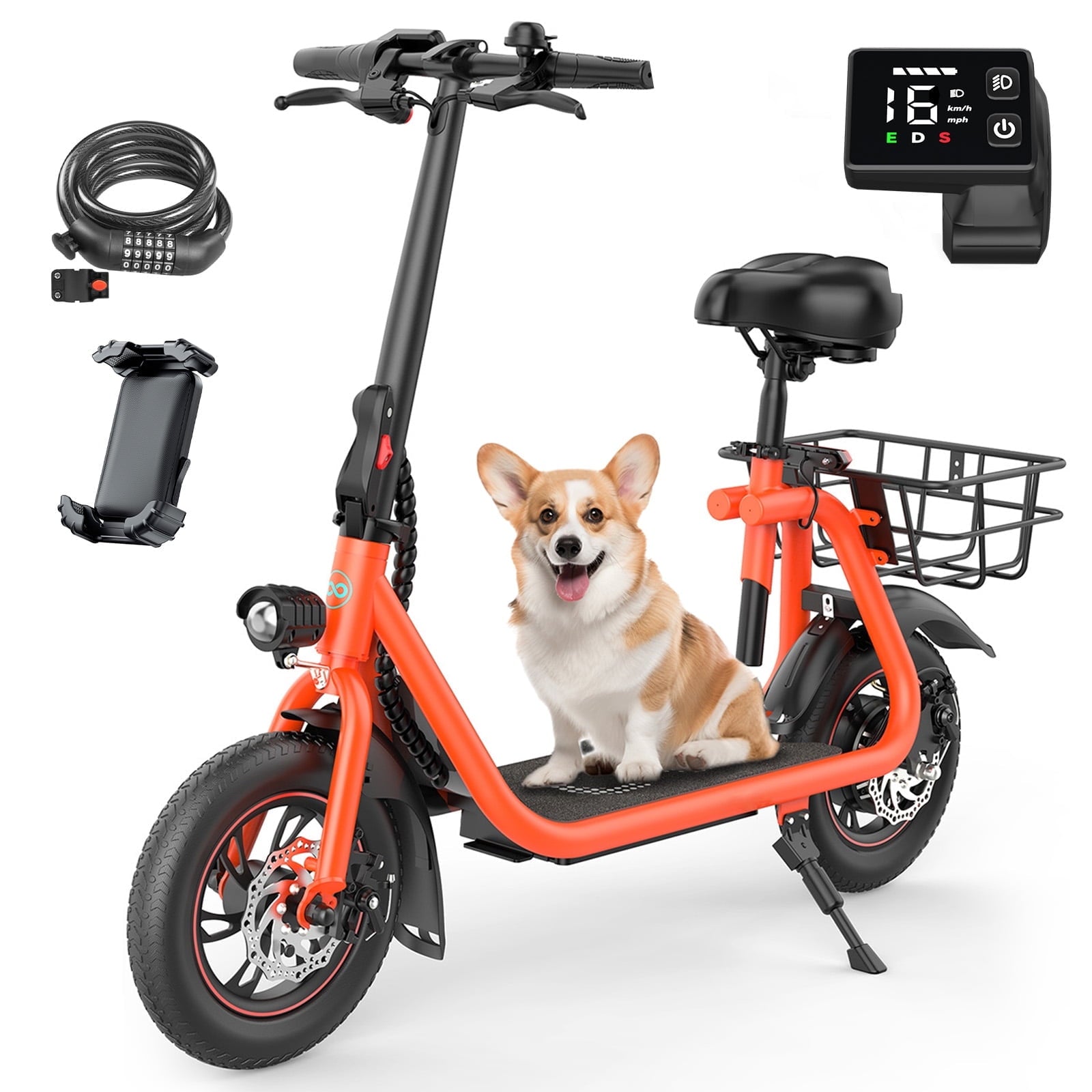 MIHOVER 450W Electric Scooter with Seat, Commuter Electric Scooter for Adult with Basket & Free Phone Holder & Steel Cable Lock & Inner Tube- up to 21 Miles 15.5MPH-Black