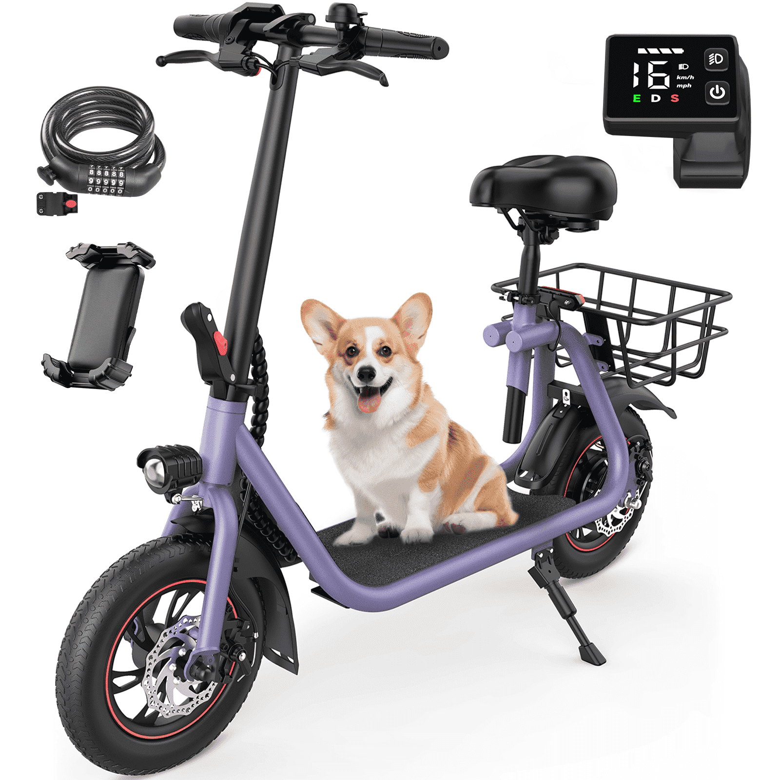 MIHOVER 450W Electric Scooter with Seat, Commuter Electric Scooter for Adult with Basket & Free Phone Holder & Steel Cable Lock & Inner Tube- up to 21 Miles 15.5MPH-Black