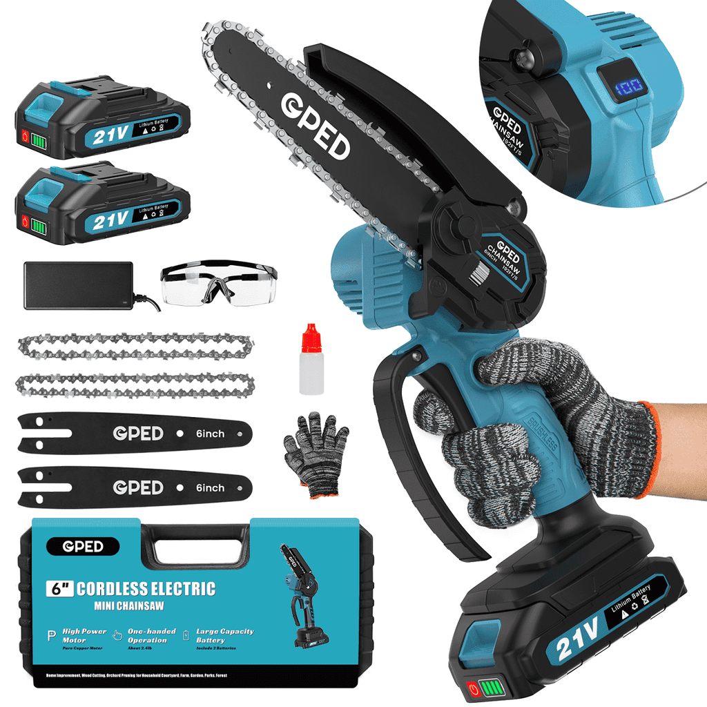 GPED Mini Chainsaw, 6 inch Portable Electric Chainsaw Cordless, Handheld Chain Saw Pruning Shears Chainsaw for Tree Branches, Courtyard, Household and Garden, Blue