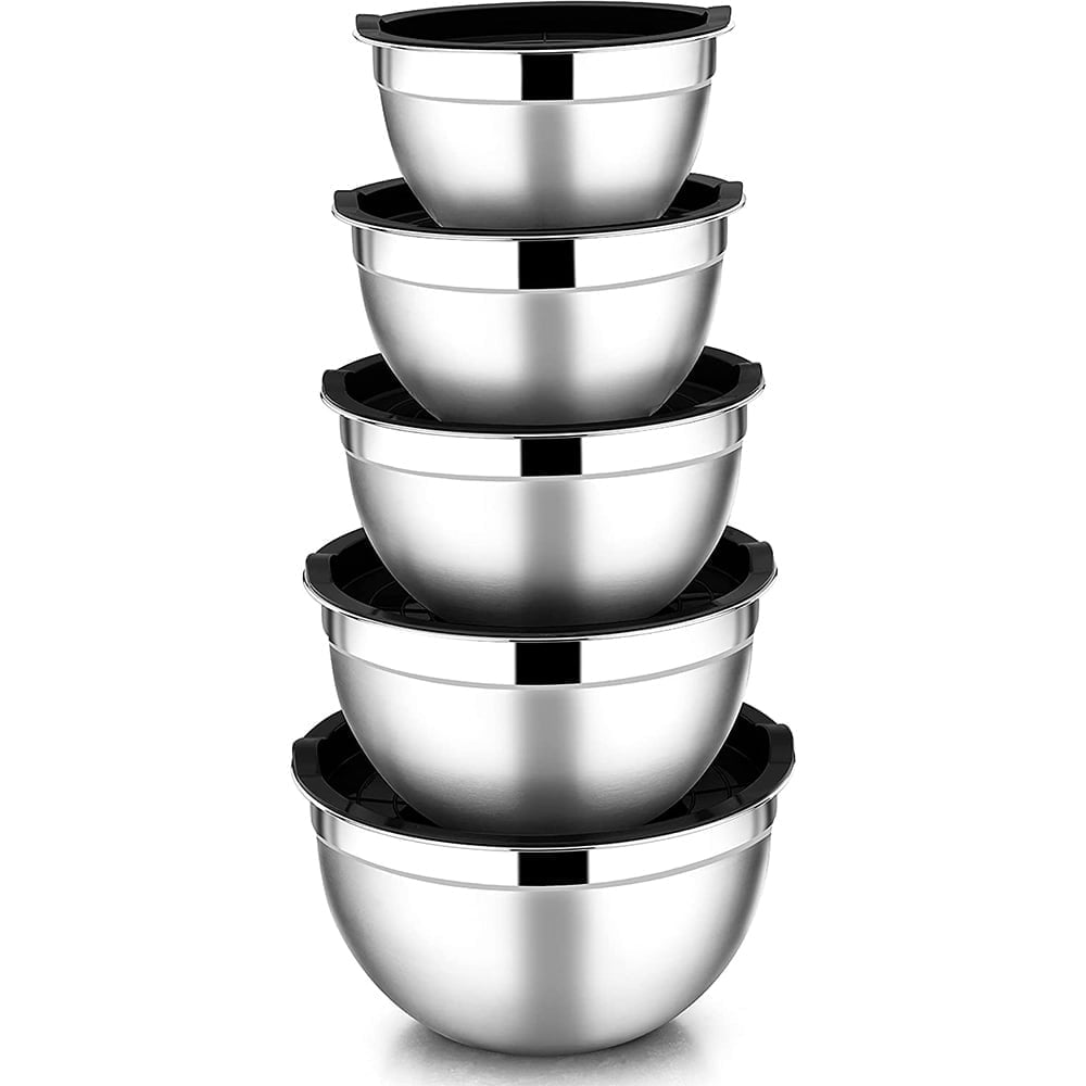 Mixing Bowls with Lids Set of 5, Vesteel Stainless Steel Mixing Bowls Metal Nesting Salad Bowls, Size 4.5, 3, 1.5, 1, 0.7 QT Great for Cooking, Baking, Serving - Multi-Color
