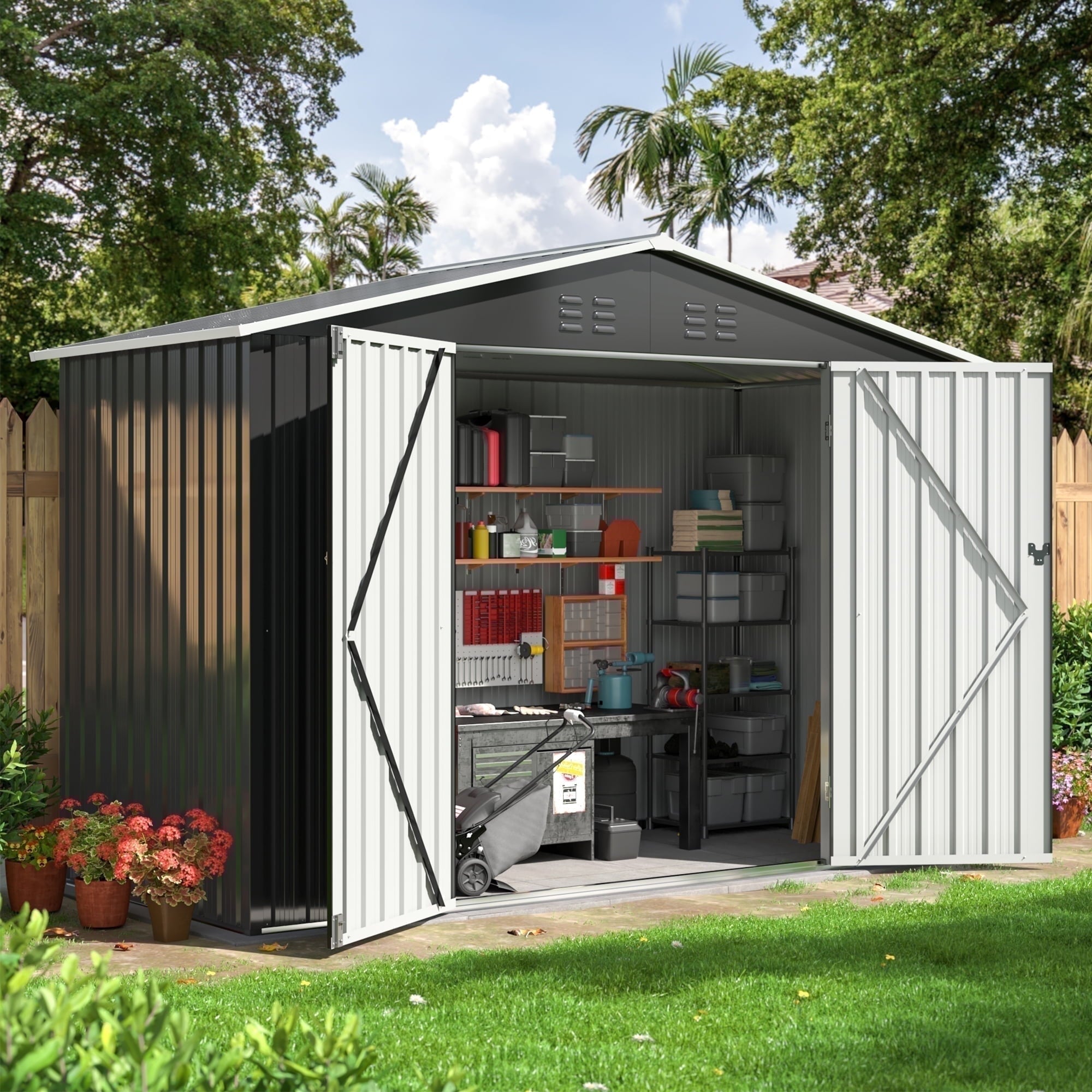 NETAJE 8'x12' Outdoor Metal Storage Shed with Upgraded Frame and Lockable Doors for Backyard, Garden, Lawn