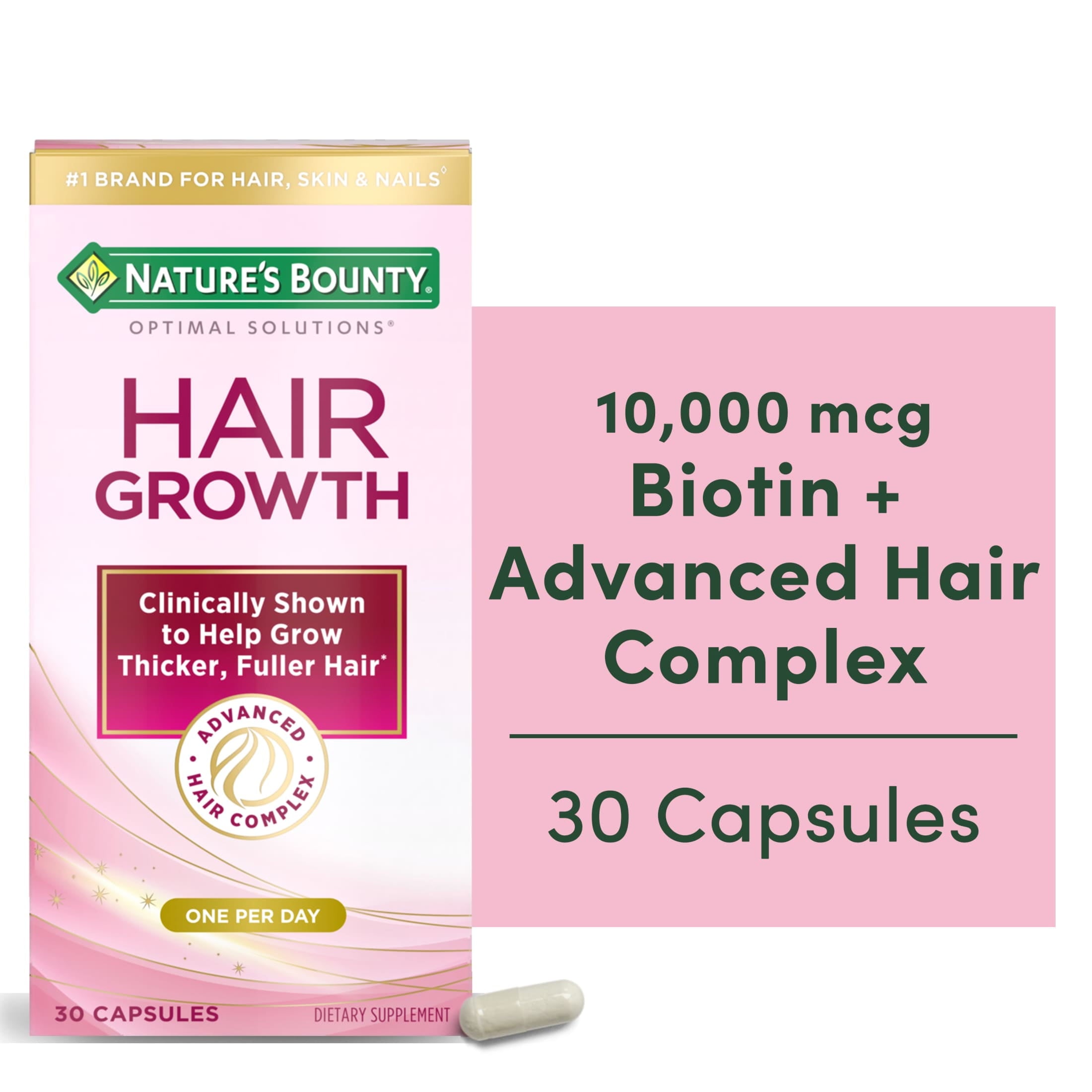 Nature’s Bounty® Optimal Solutions® Hair Growth Supplement for Women with Biotin Vitamin, Dietary Supplement, 30 Capsules