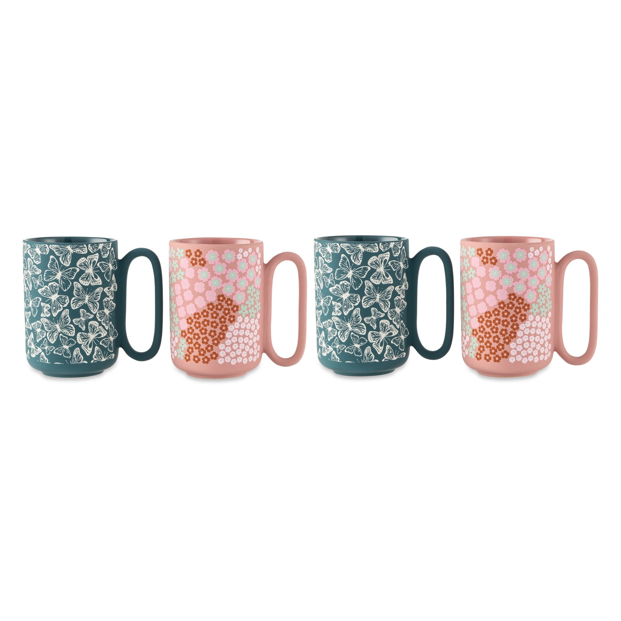 Thyme & Table 4 Pack Green Butterflies and Pink Flowers Mugs 19.6 fl oz, Soft Touch, Stoneware