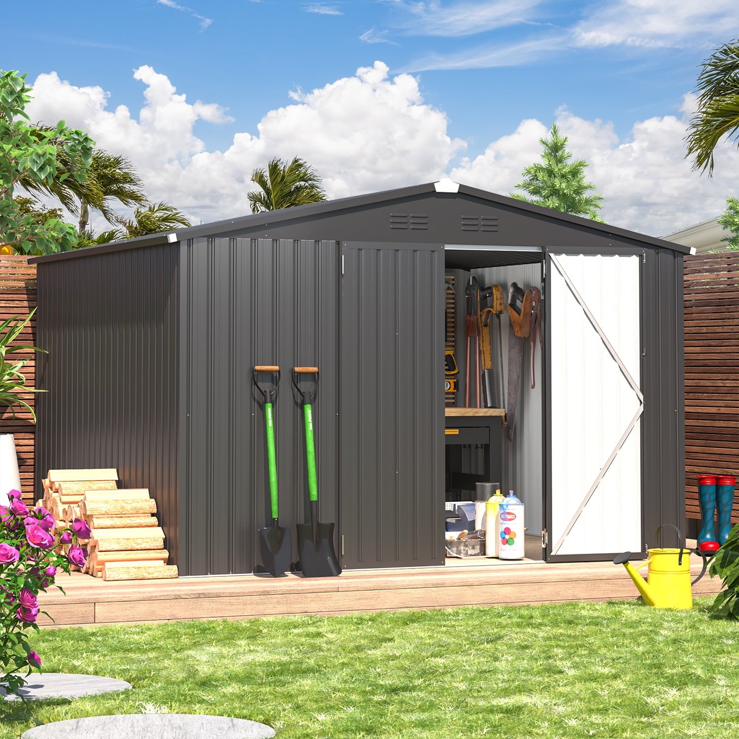 YODOLLA 5 x 3 ft. Outdoor Metal Steel Storage Shed with Sliding Roof & Lockable Door for Backyard, Garden