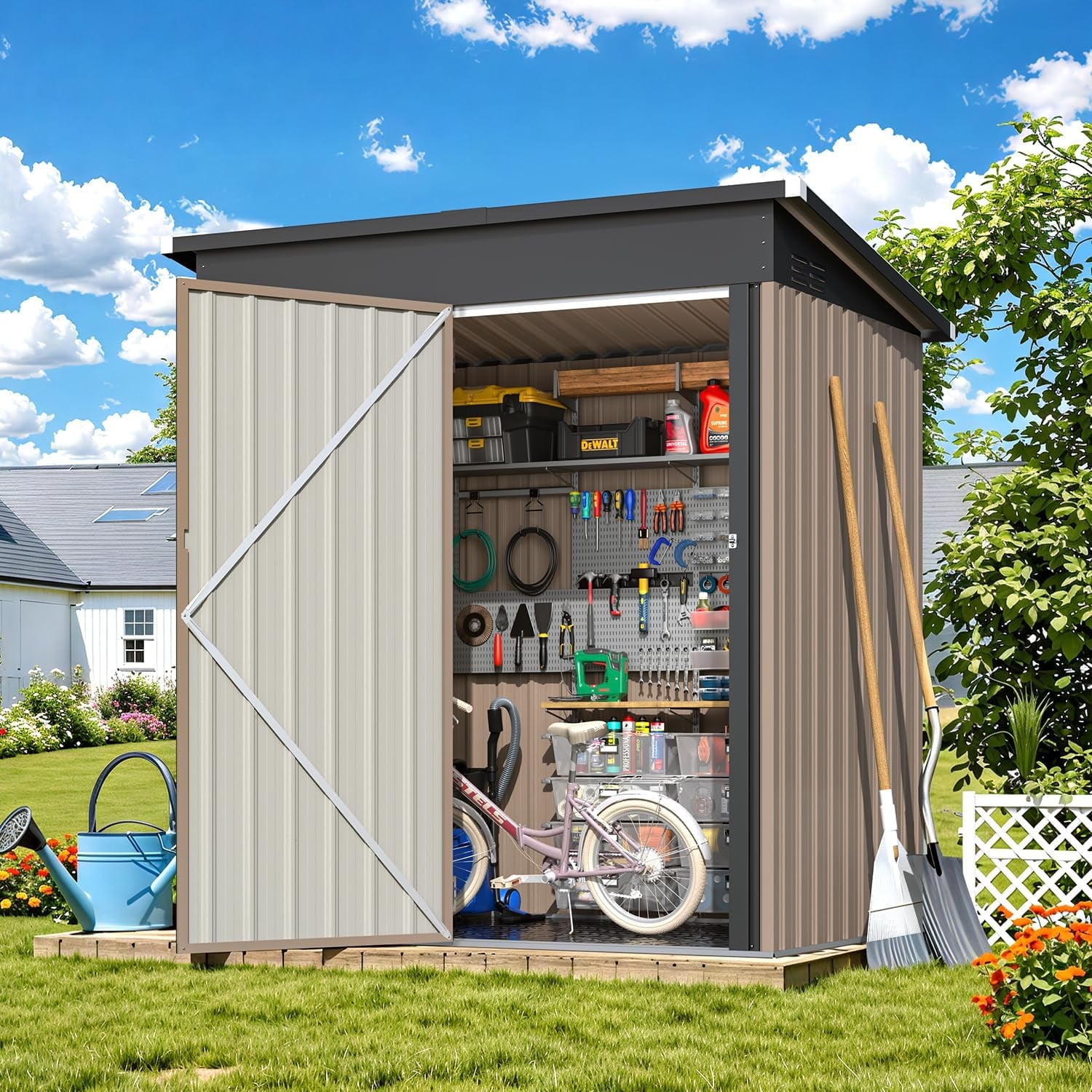 YODOLLA 5 x 3 ft. Outdoor Metal Steel Storage Shed with Sliding Roof & Lockable Door for Backyard, Garden