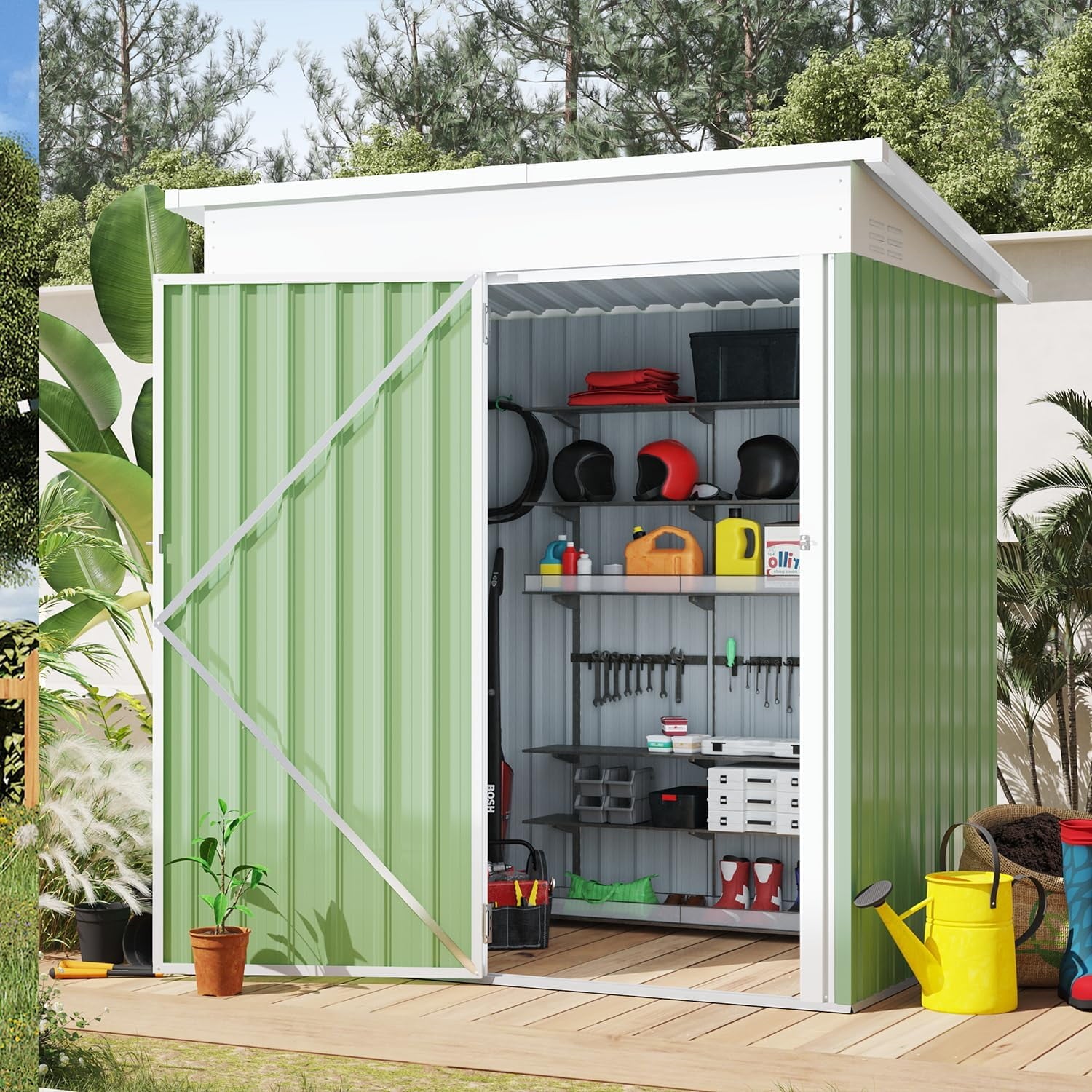 YODOLLA 5 x 3 ft. Outdoor Metal Steel Storage Shed with Sliding Roof & Lockable Door for Backyard, Garden