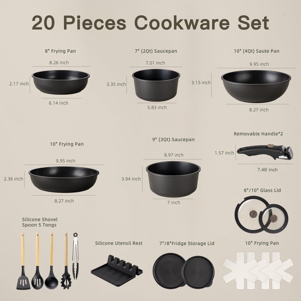 Astercook 20-Piece Pots and Pans Set, Nonstick Cookware Set with Detachable Handles, Oven & Dishwasher Safe, Induction Compatible, Stackable RV Kitchen Cooking Set, Black