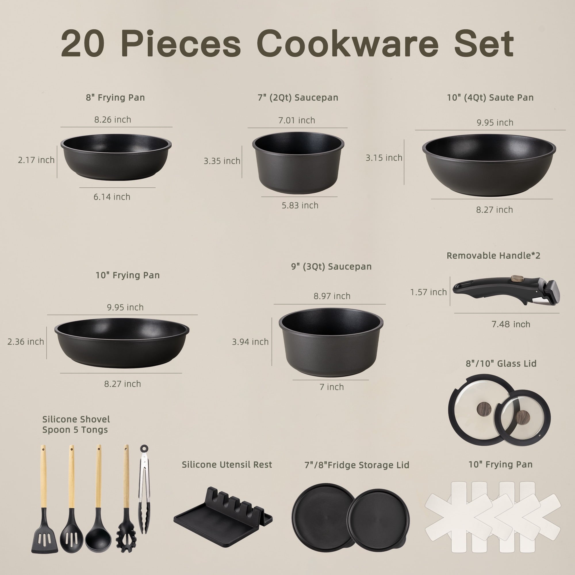 Astercook 20-Piece Pots and Pans Set, Nonstick Cookware Set with Detachable Handles, Oven & Dishwasher Safe, Induction Compatible, Stackable RV Kitchen Cooking Set, Black