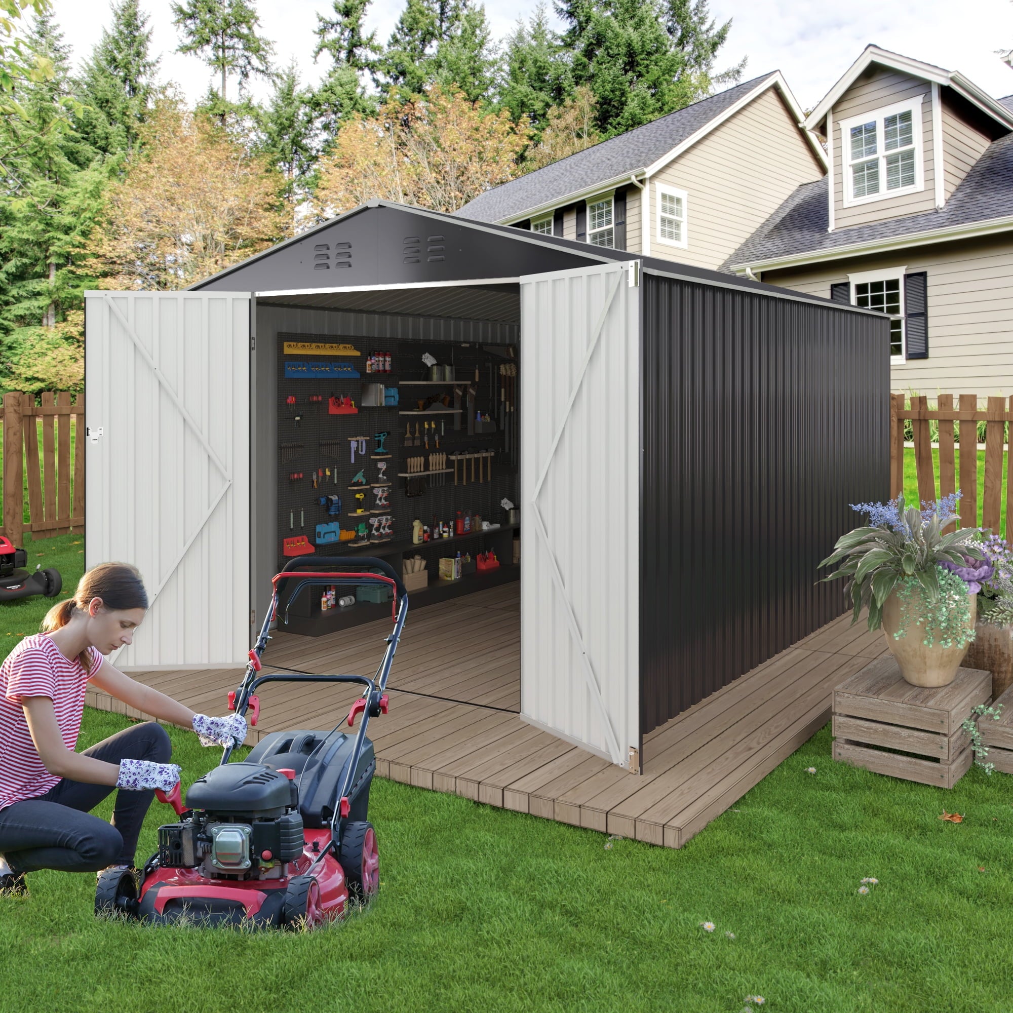 NETAJE 8'x12' Outdoor Metal Storage Shed with Upgraded Frame and Lockable Doors for Backyard, Garden, Lawn