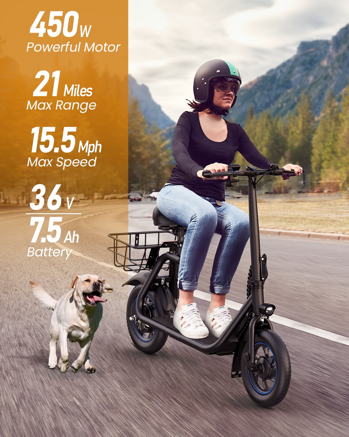 MIHOVER 450W Electric Scooter with Seat, Commuter Electric Scooter for Adult with Basket & Free Phone Holder & Steel Cable Lock & Inner Tube- up to 21 Miles 15.5MPH-Black