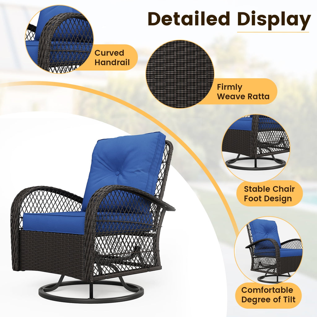 ELPOSUN 3 Pieces Patio Furniture Set, Outdoor Swivel Gliders Rocker, Wicker Patio Bistro Set with Rattan Rocking Chair, Glass Top Side Table and Thickened Cushions for Porch Deck Backyard