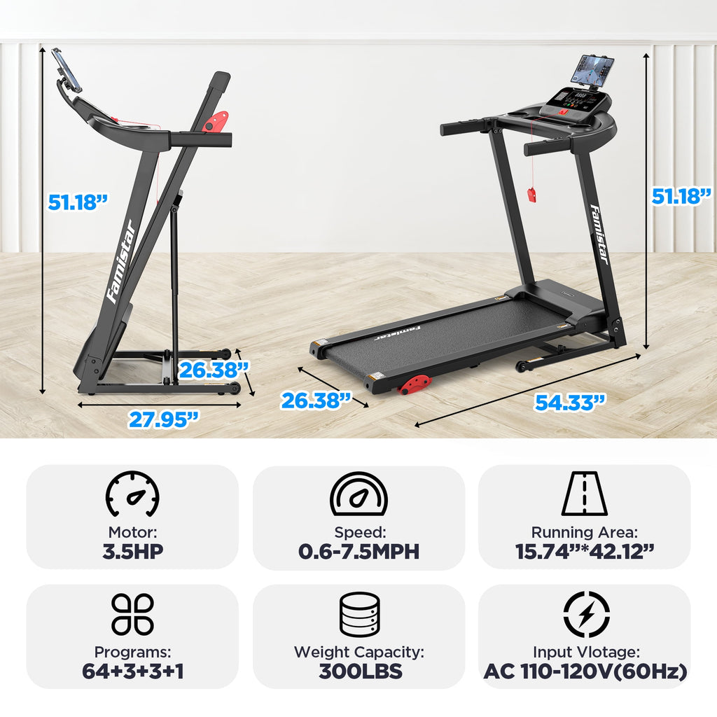 Treadmill for Home, Portable Folding Electric Exercise Treadmill with Adjustable Incline, APP Control, 64 Programs, 300 lb Capacity, 7.5MPH, Bluetooth Speakers, Running Walking Jogging, 12/23 Update