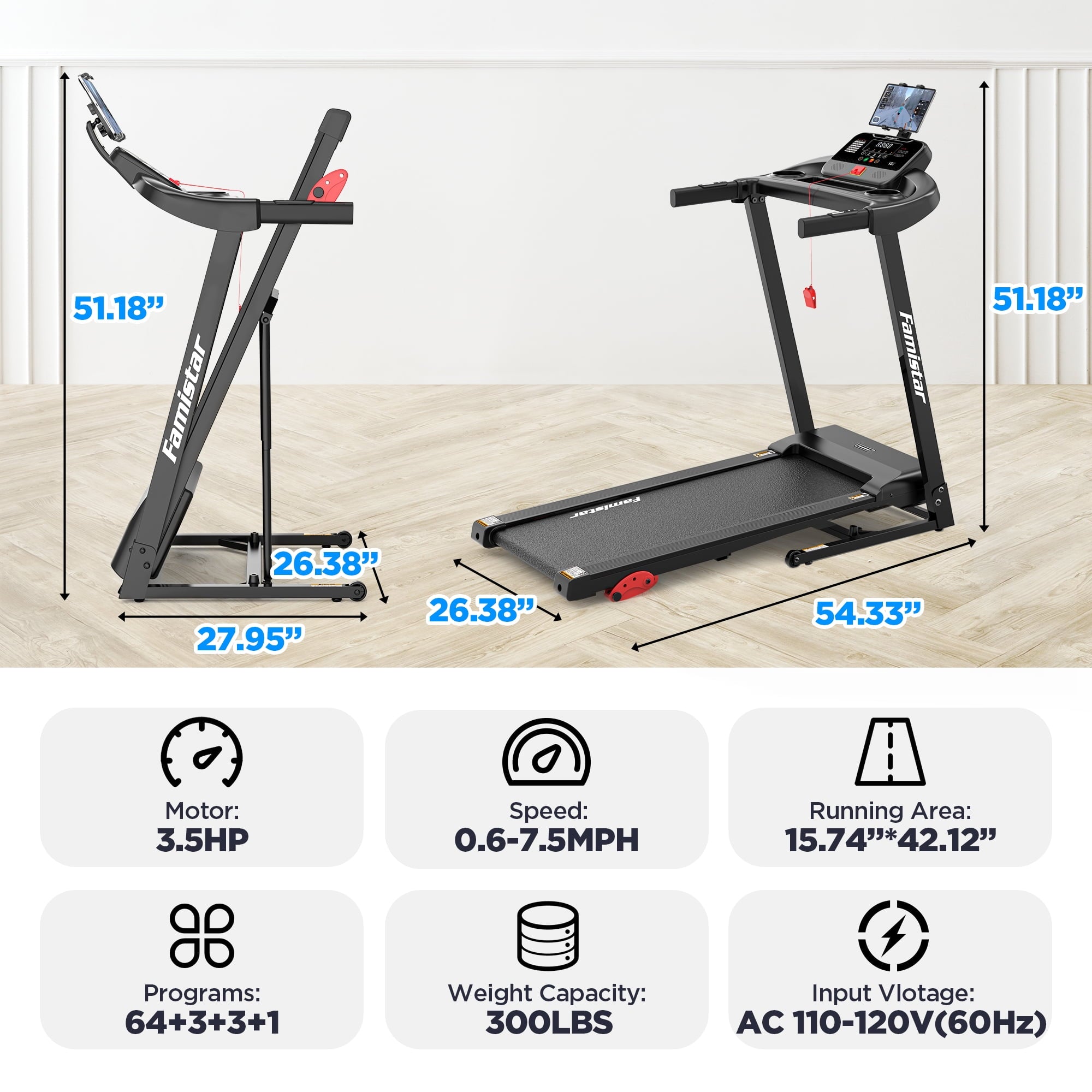 Treadmill for Home, Portable Folding Electric Exercise Treadmill with Adjustable Incline, APP Control, 64 Programs, 300 lb Capacity, 7.5MPH, Bluetooth Speakers, Running Walking Jogging, 12/23 Update