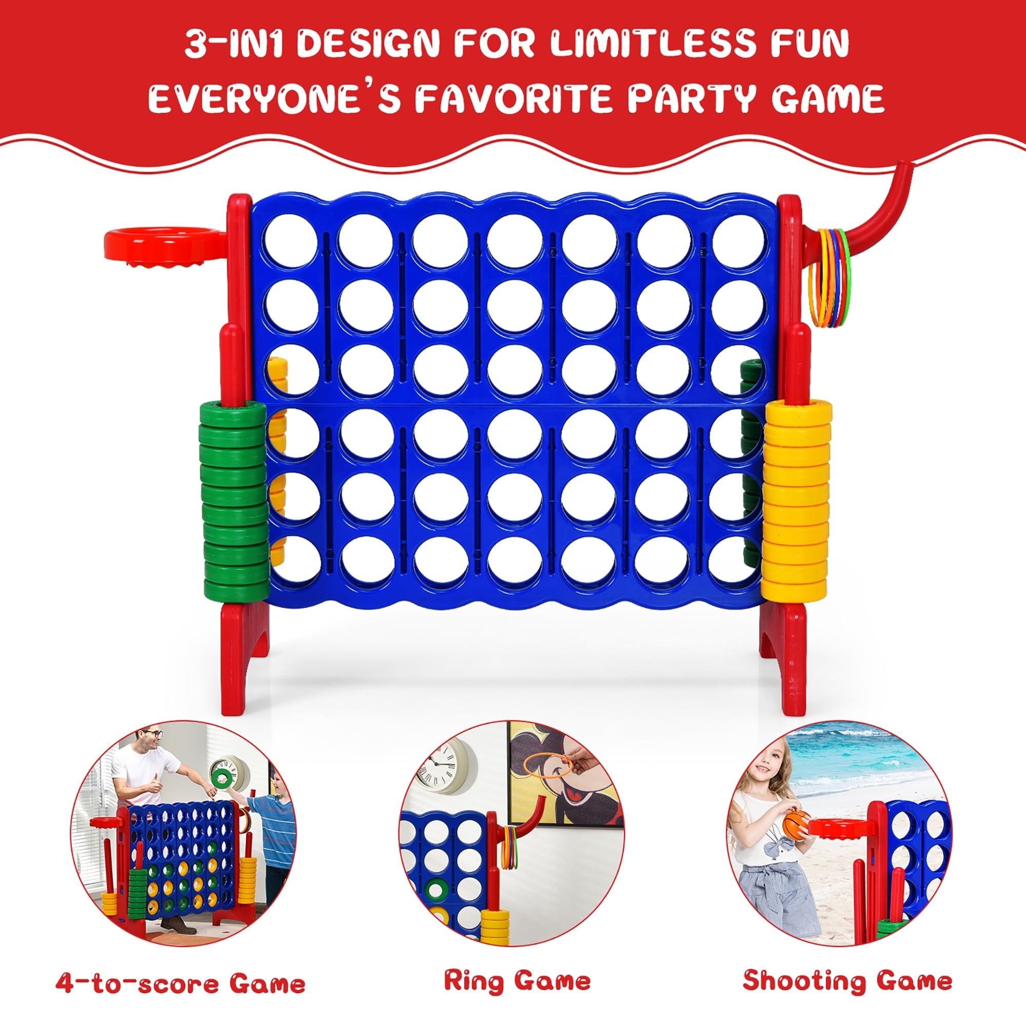 Costway 4-in-A Row Giant Game Set w/Basketball Hoop for Family Red