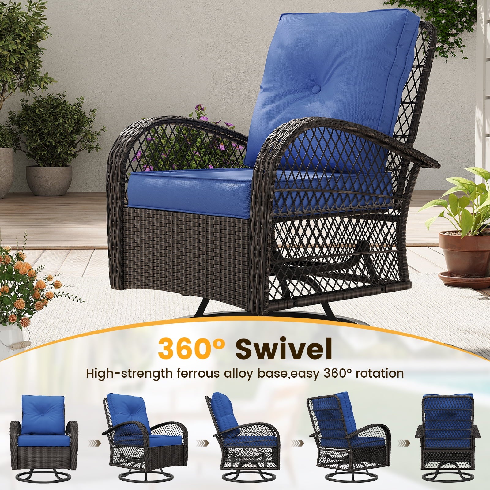 ELPOSUN 3 Pieces Patio Furniture Set, Outdoor Swivel Gliders Rocker, Wicker Patio Bistro Set with Rattan Rocking Chair, Glass Top Side Table and Thickened Cushions for Porch Deck Backyard
