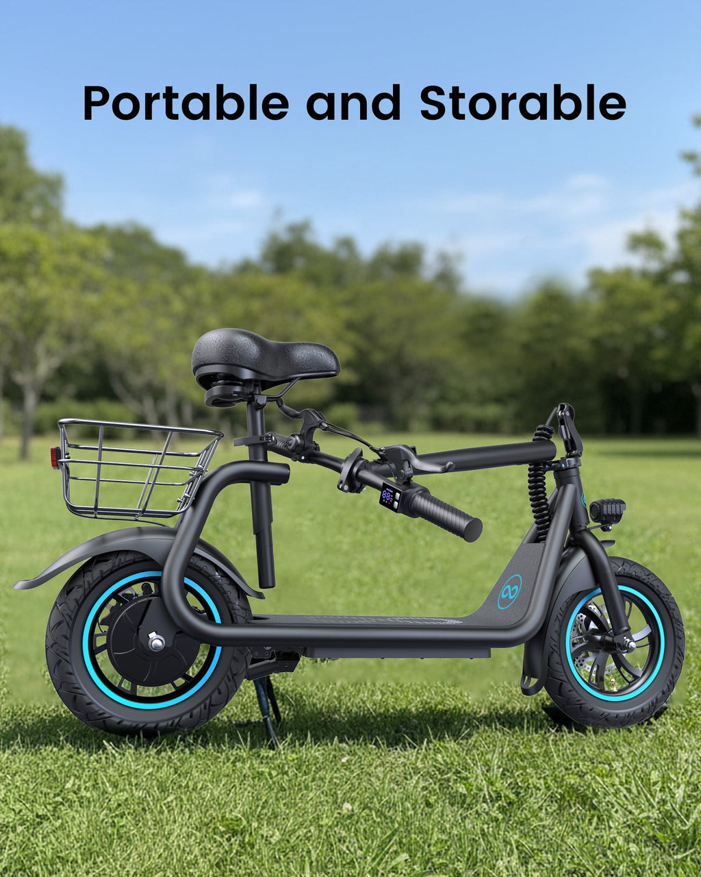 MIHOVER 450W Electric Scooter with Seat, Commuter Electric Scooter for Adult with Basket & Free Phone Holder & Steel Cable Lock & Inner Tube- up to 21 Miles 15.5MPH-Black