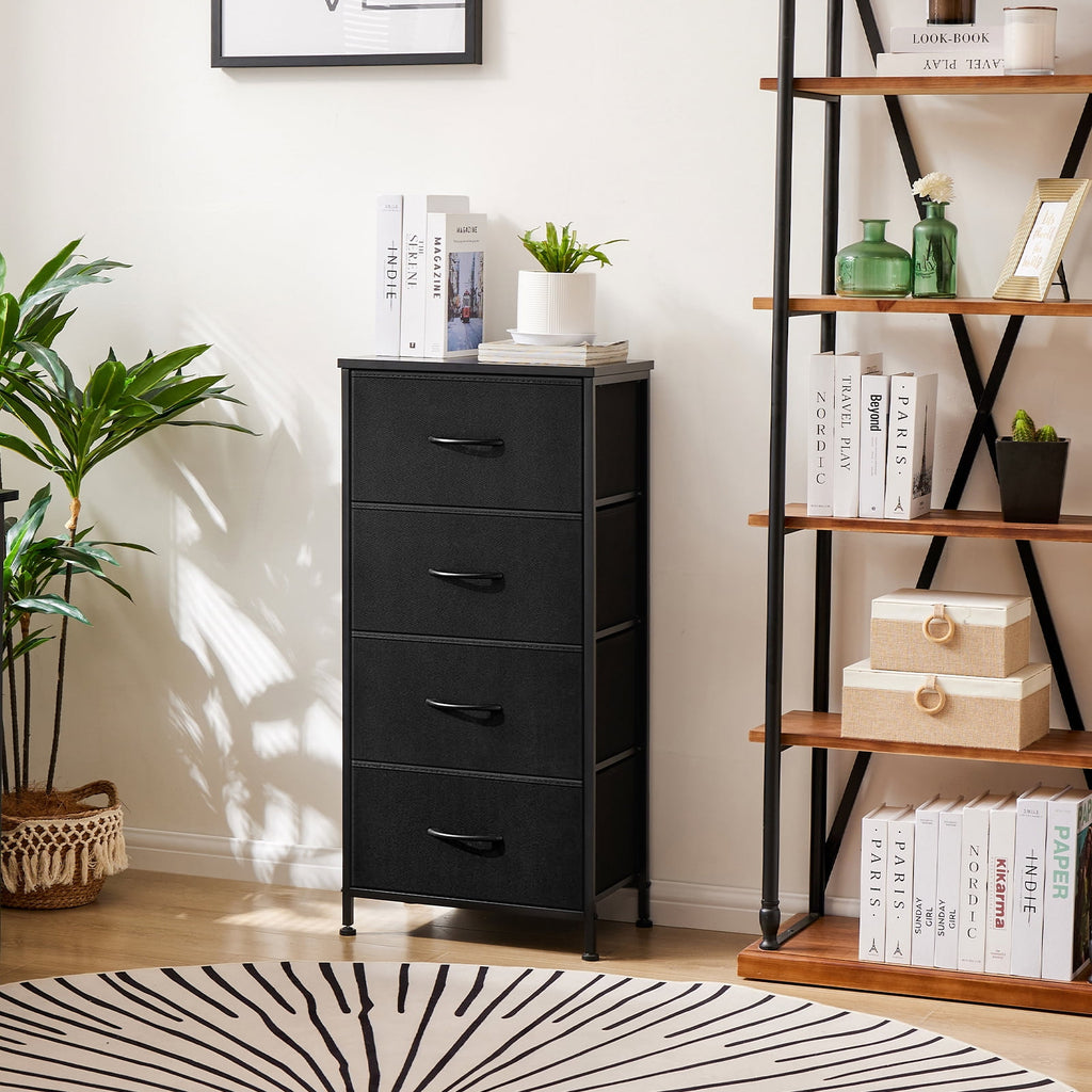 CONCETTA 4 Drawer Dresser, Wide Chest Drawers Nightstand Storage Tower Storage Fabric Dresser With Wood Top for Living Room, Bedroom, Closet, Black