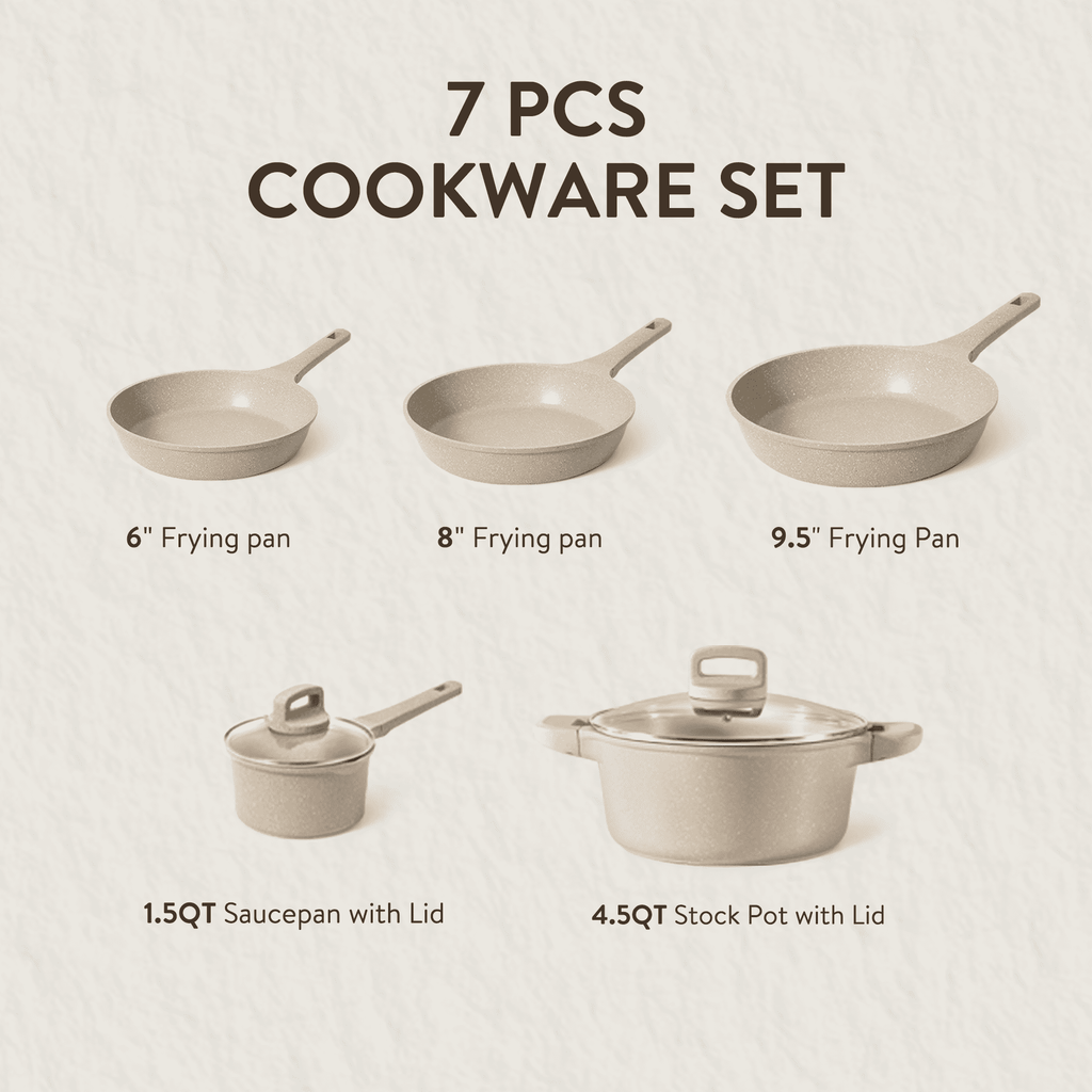 Carote Nonstick Cookware Set 7-Piece,Kitchen Pots and Pans Set,Stay-Cool Handles,Induction Compatible,Cookware Set for RV and Camping,Taupe